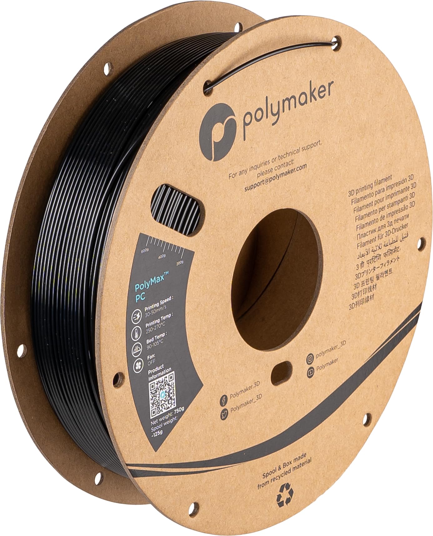 Polymaker Polymax Tough PC Filament 1.75mm - High Heat Resistant Black Polycarbonate 3D Printer Filament (0.75kg Cardboard Spool) | Ideal for Functional Prototypes, Automotive Parts & Engineering Applications