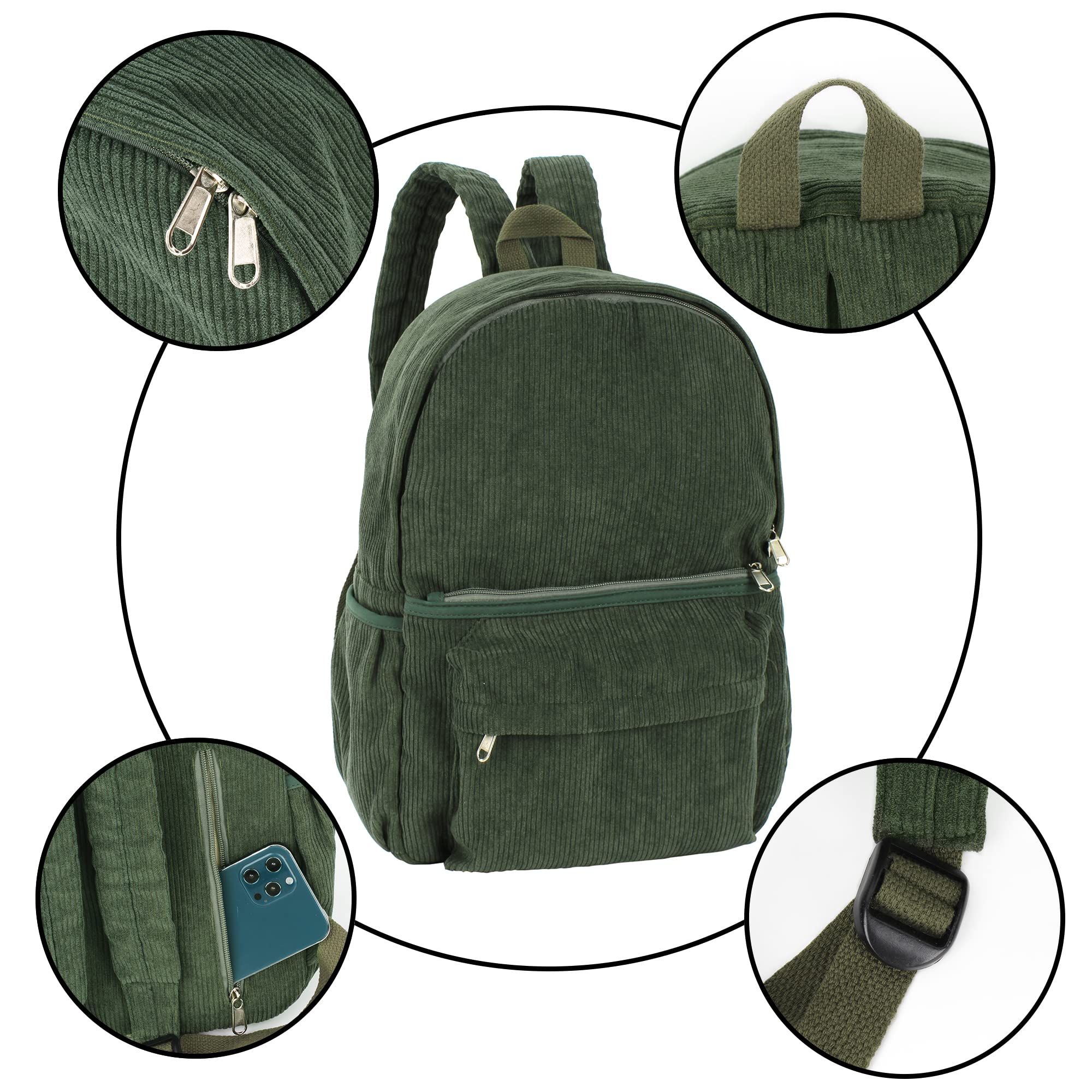 Lobagve Corduroy Backpack - Large College Backpack for Women & Men, Casual Bookbag with Laptop Compartment, Durable Travel Daypack & Computer Bag for School, Work & Outdoor Adventures (Green)