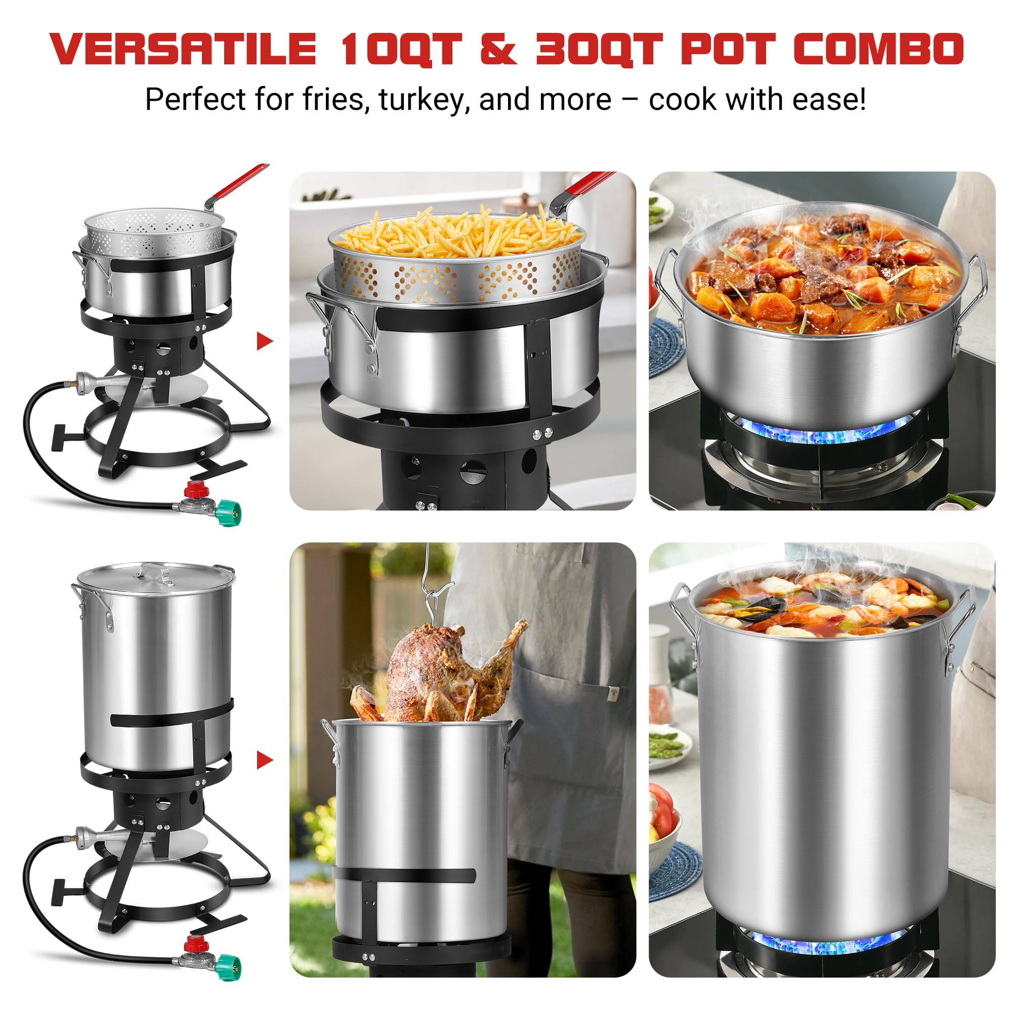 Outdoor Propane Fryer Pot Set - 10QT & 30QT Combo in Silver - Perfect for Camping, Backyard BBQs, and Tailgating Parties