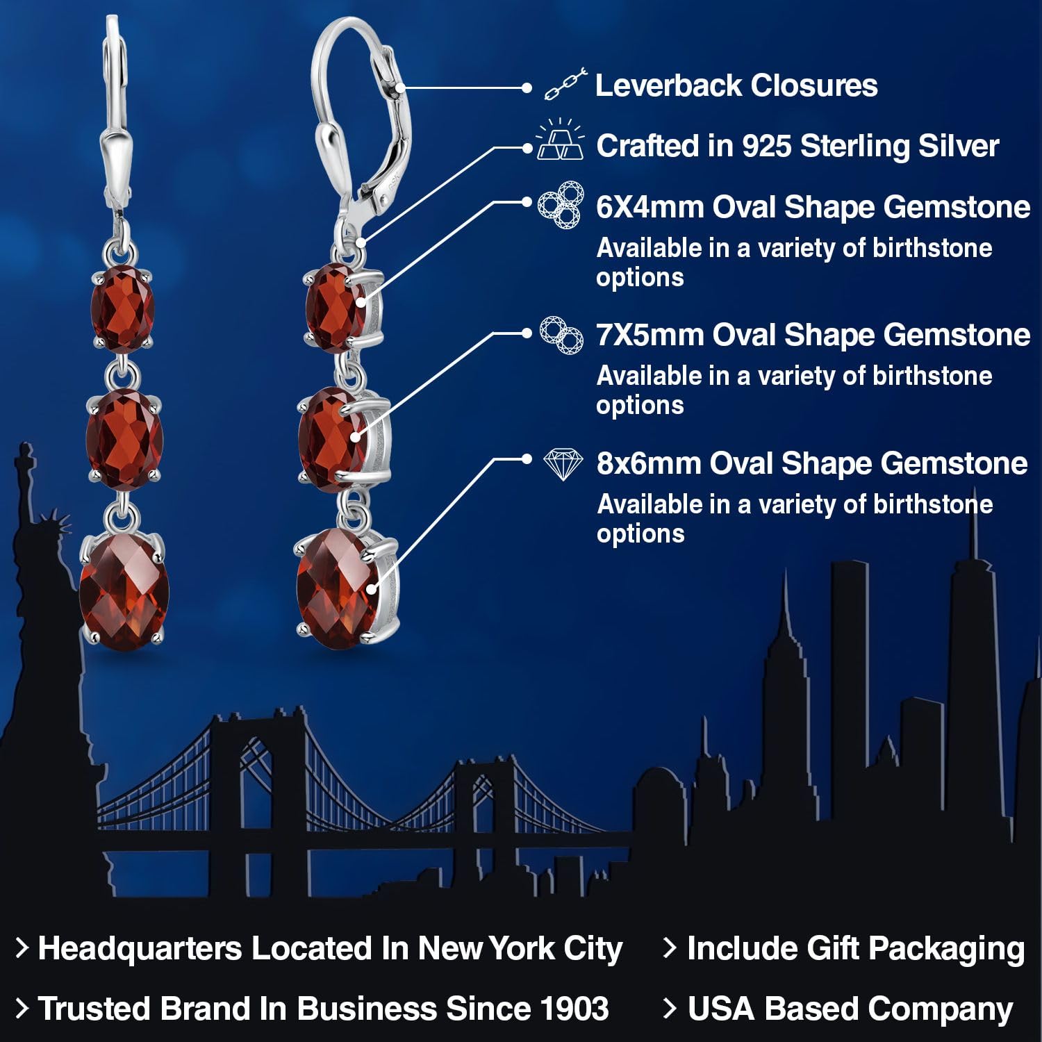 Gem Stone King 3-Stone Leverback Drop Dangle Earrings for Women - 925 Sterling Silver Birthstone Jewelry | Oval 8x6mm, 7x5mm & 6x4mm Gemstones | Elegant Gift for Mom, Wife, Her | Perfect for Weddings, Anniversaries & Special Occasions
