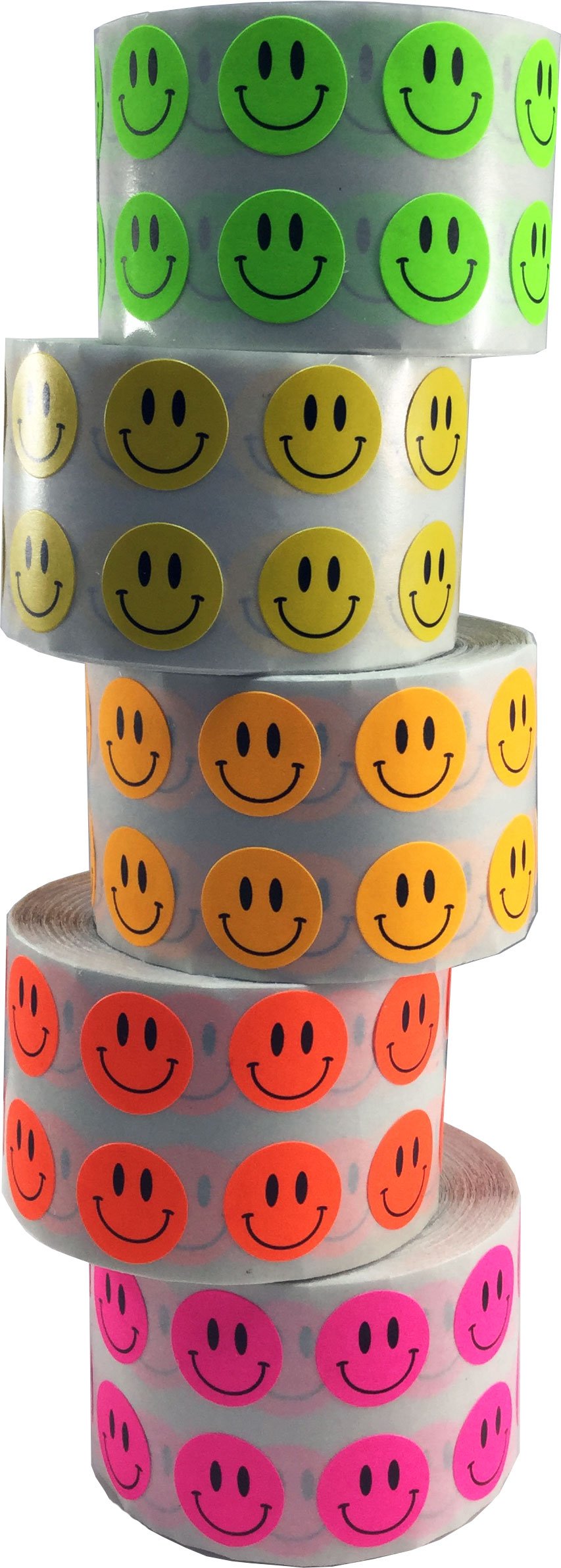 Happy Face Stickers Bulk Pack - 1/2 Inch Round Circle Dots, 1,000 Stickers Per Color (5,000 Total) - Perfect for Teachers, Classroom Rewards, DIY Crafts & Kids Activities