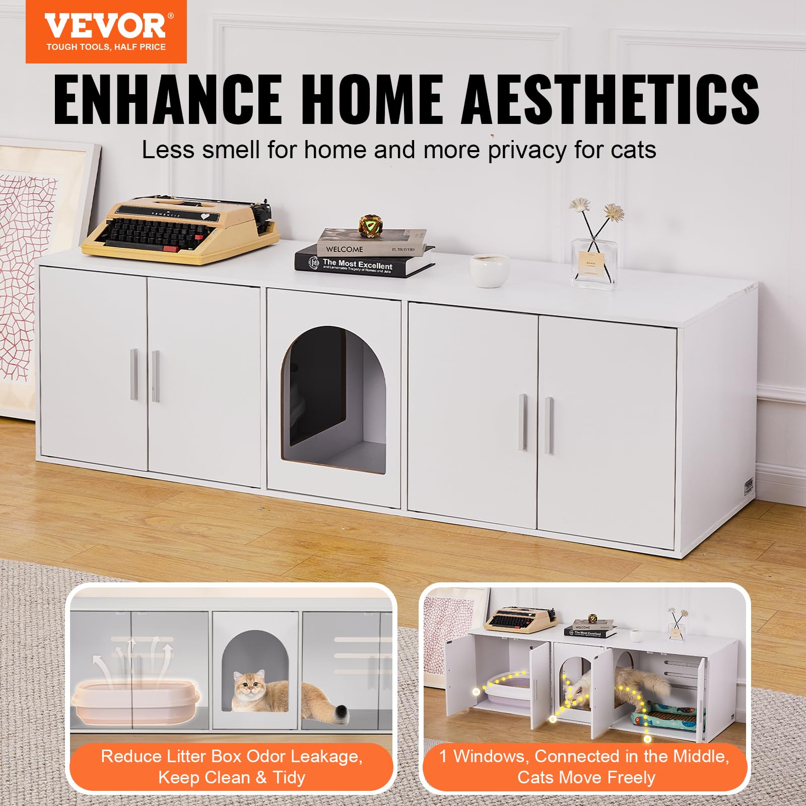 VEVOR Double Cat Litter Box Enclosure Furniture - Hidden Wooden Cabinet for 2 Cats with 2 Rooms, Fits Most Litter Boxes (57.9