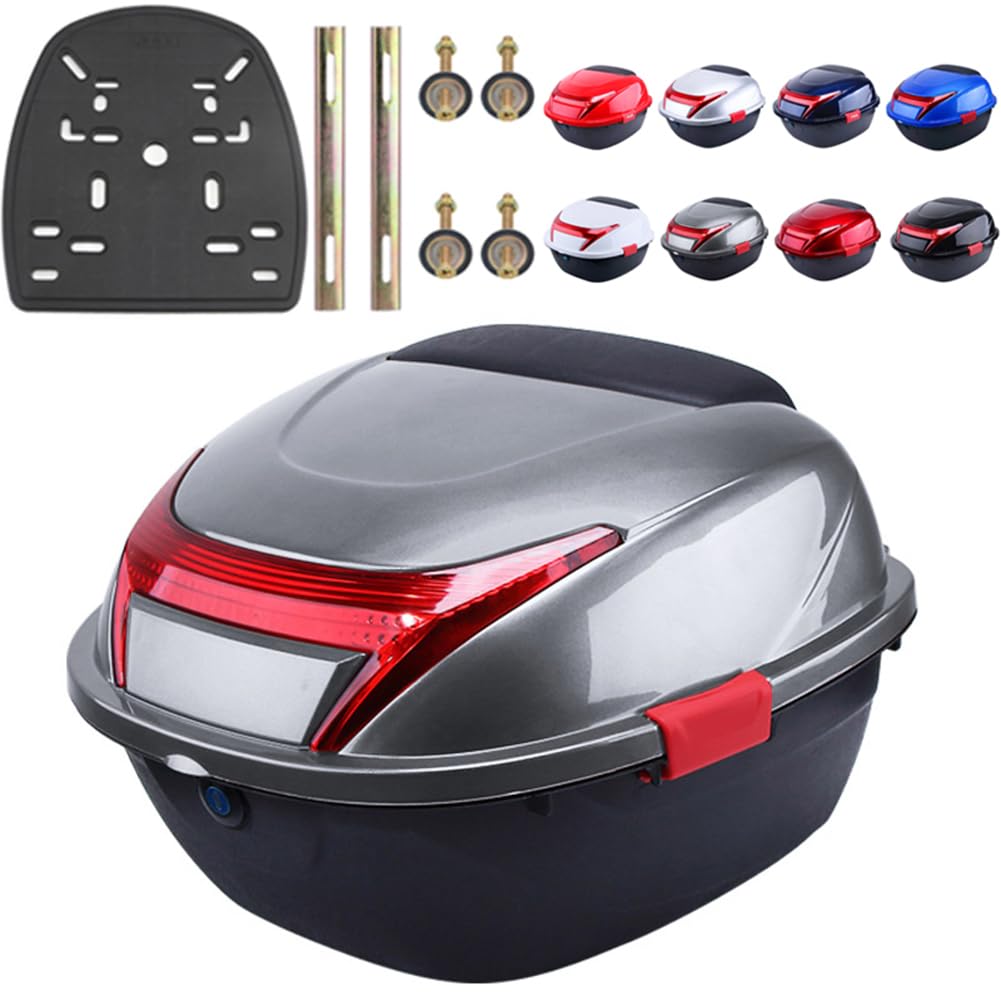 28L Waterproof Universal Scooter Top Case - Lockable Hard Tail Trunk with Backrest & Plate for Scooters, Quads, Motorbikes (Silver, 41.5x37x27.5cm) - Perfect for Commuting, Storage & Helmet Security