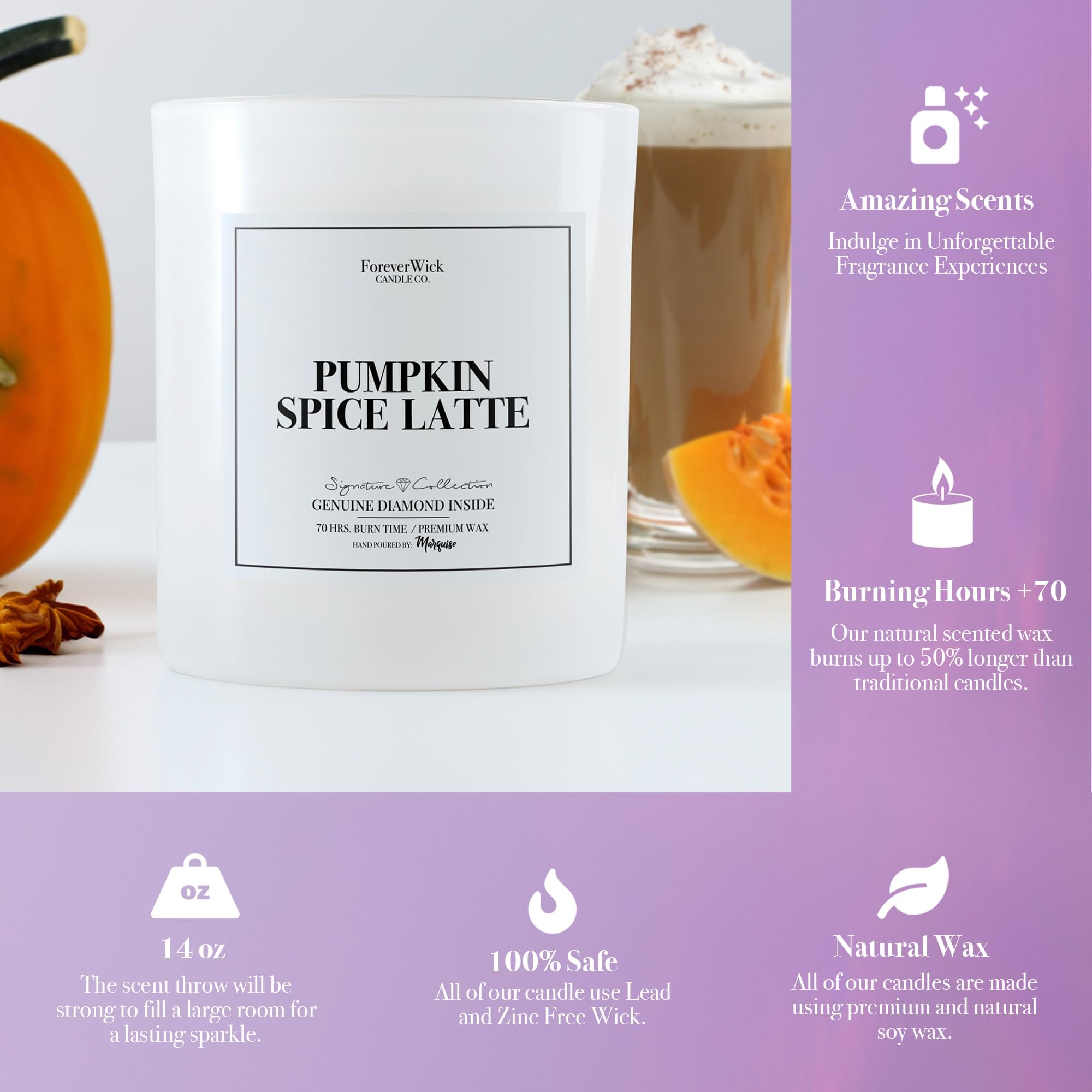Foreverwick All-Natural Pumpkin Spice Latte Scented Soy Candle with GIA-Certified Diamond Inside - 14oz Aromatherapy Gift for Women (70-Hour Burn Time) | Perfect for Cozy Fall Evenings, Romantic Dinners & Spa Relaxation
