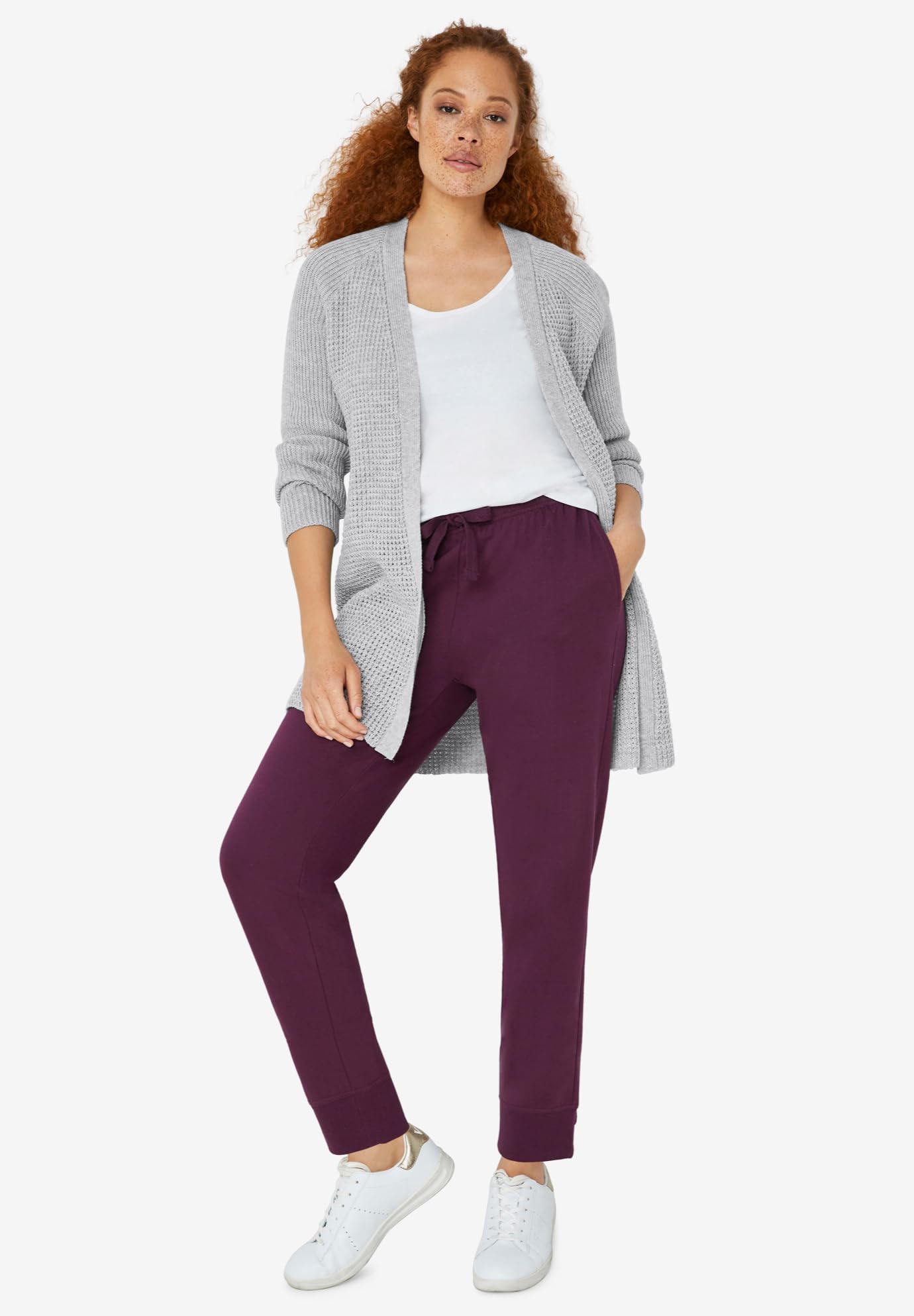 Ellos Women's Plus Size Open Front Waffle Cardigan - Oversized Long Lightweight Sweater for Casual Wear, Lounge & Layering | Soft Knit Cover-Up for Fall & Winter