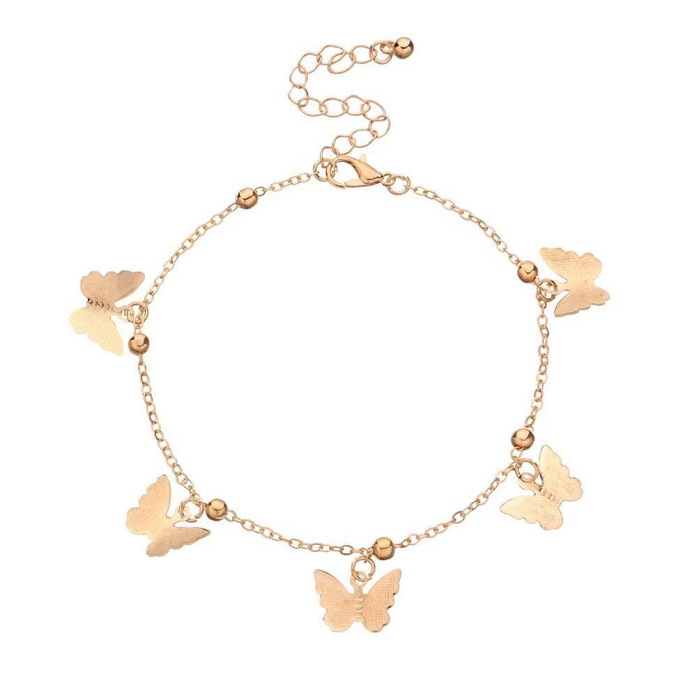 Yellow Gold Butterfly Beaded Anklet for Women - Double Foot Link Chain Ankle Bracelet - Elegant Beach & Summer Jewelry Gift for Wife, Girlfriend, Anniversary, Birthday - Perfect for Vacations, Weddings & Casual Wear