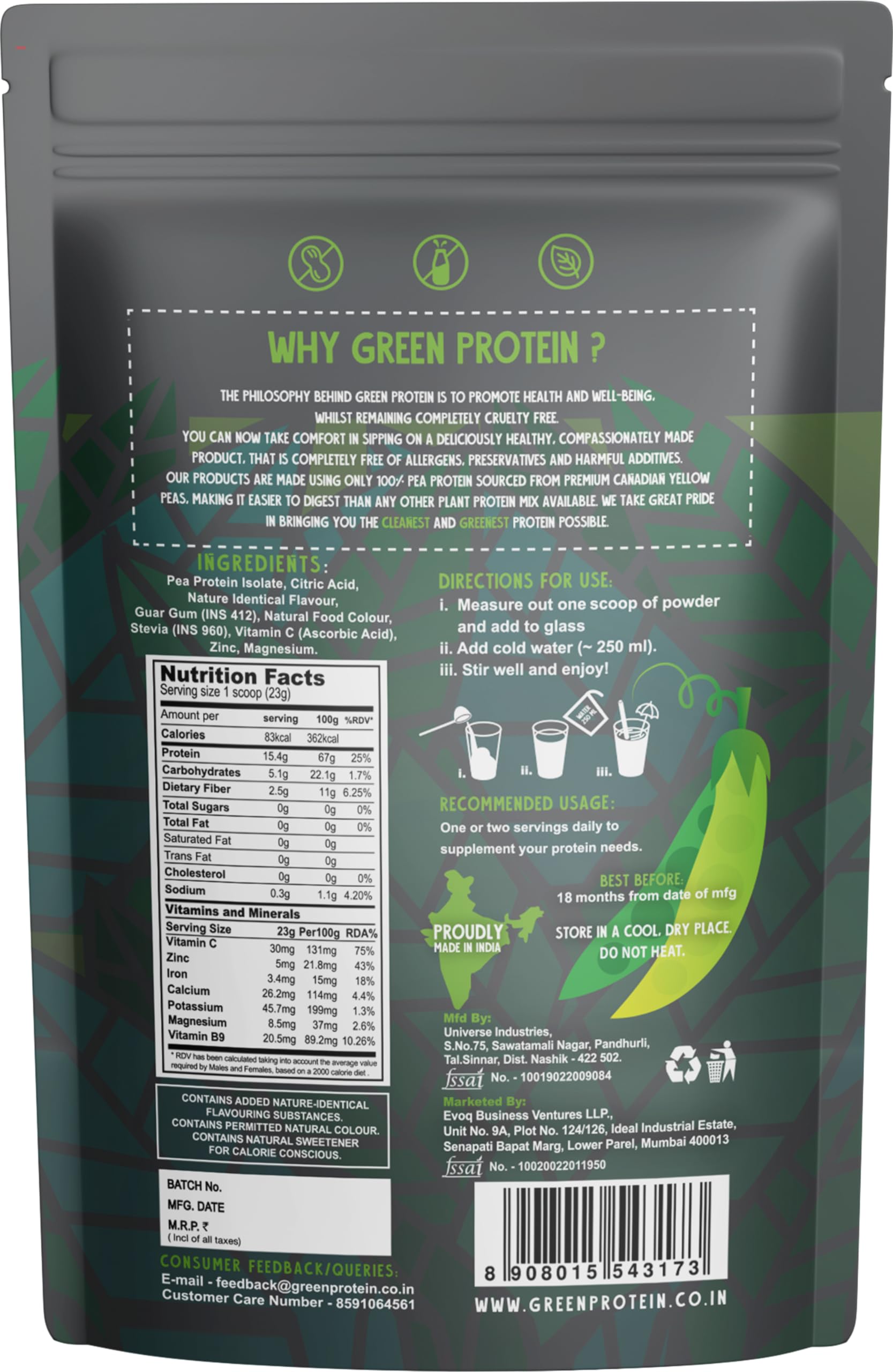 GREEN PROTEIN Pea Protein Isolate Powder - Vegan Plant-Based Protein Supplement, 15g Protein Per Serving, No Added Sugar, Soy Free, Dairy Free, Gluten Free, Allergen Free, Tangy Orange Flavor, 500g Pouch - Perfect for Post-Workout Recovery & Smoothies