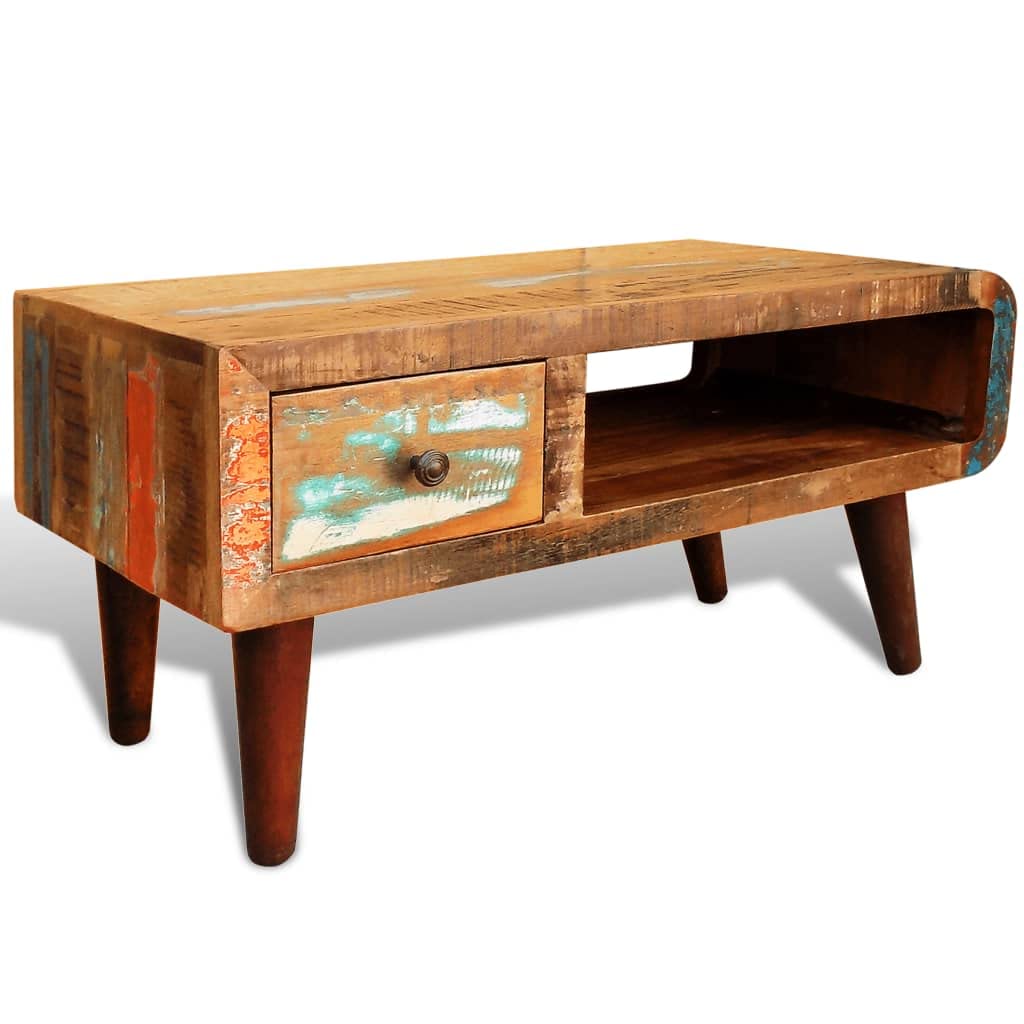 WELLIKEA Rustic Reclaimed Wood Coffee Table with Curved Edge & 1 Drawer - Perfect for Living Room, Lounge, or Office Decor