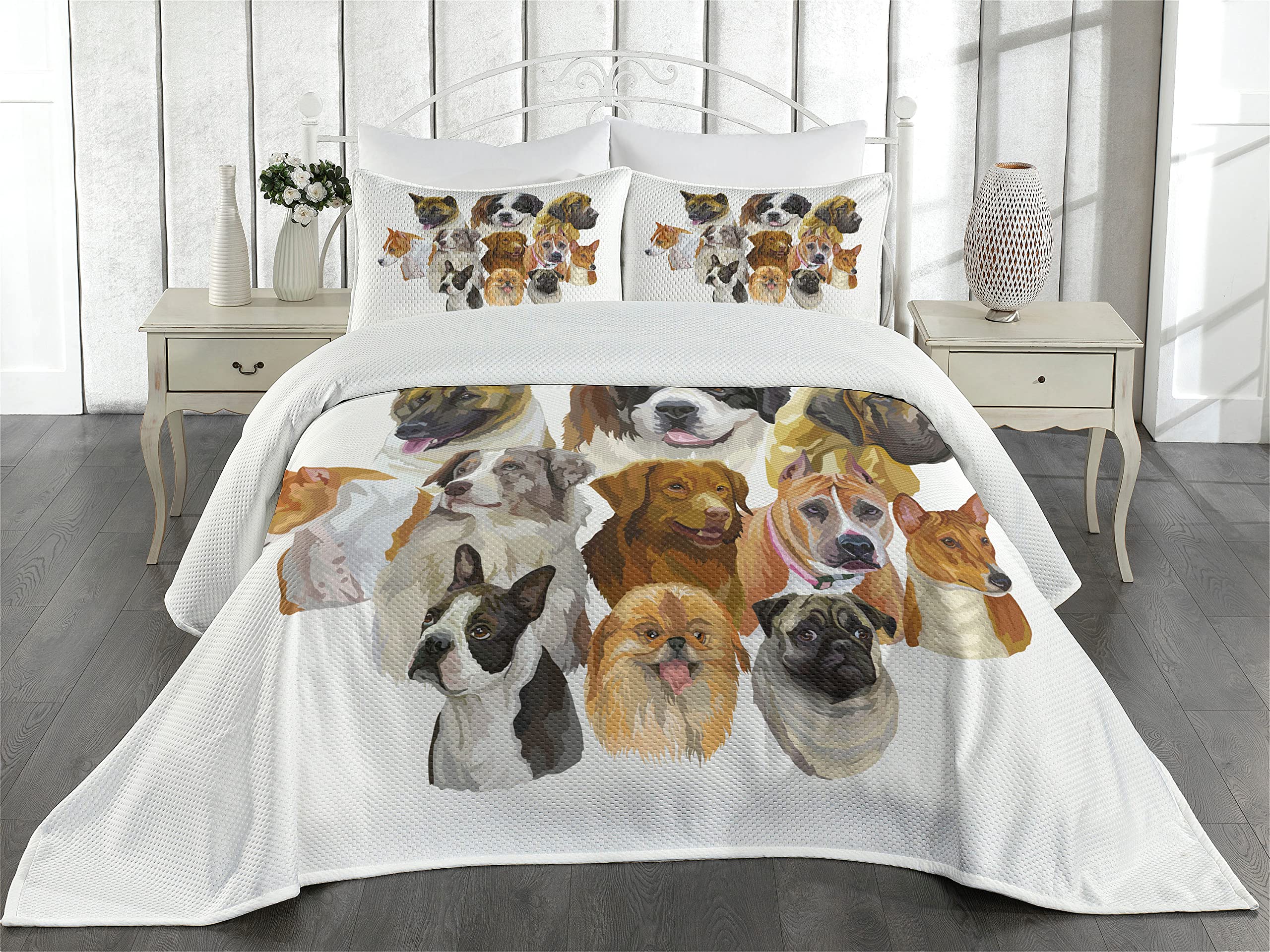 Ambesonne Dog Lover Quilt Set - King Size 3-Piece Bedspread with Pekingese, Pitbull, Basenji, Australian Shepherd & Great Dane Designs | Decorative Quilted Coverlet & 2 Pillow Shams | Perfect for Pet Lovers' Bedroom Decor & Cozy Home Styling