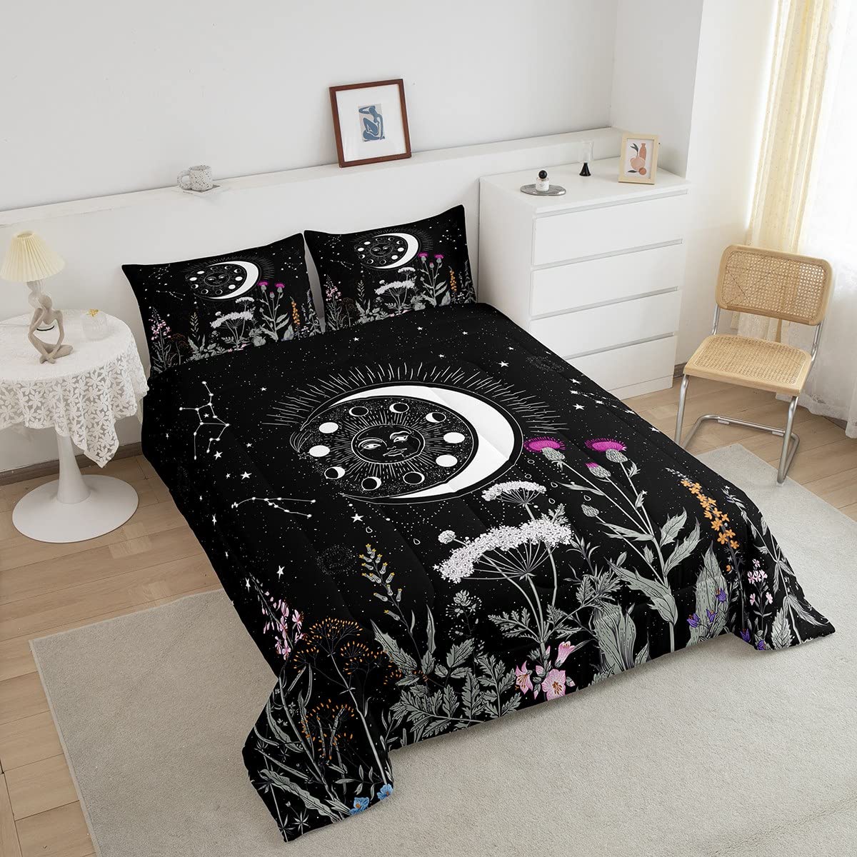 Feelyou Queen Size Sun and Moon Bedding Set - Galaxy Constellation Comforter with 2 Pillowcases, Black & White Astrology Themed Quilt for Kids, Boys & Girls | Perfect for Space-Themed Bedrooms, Teen Rooms & Celestial Decor