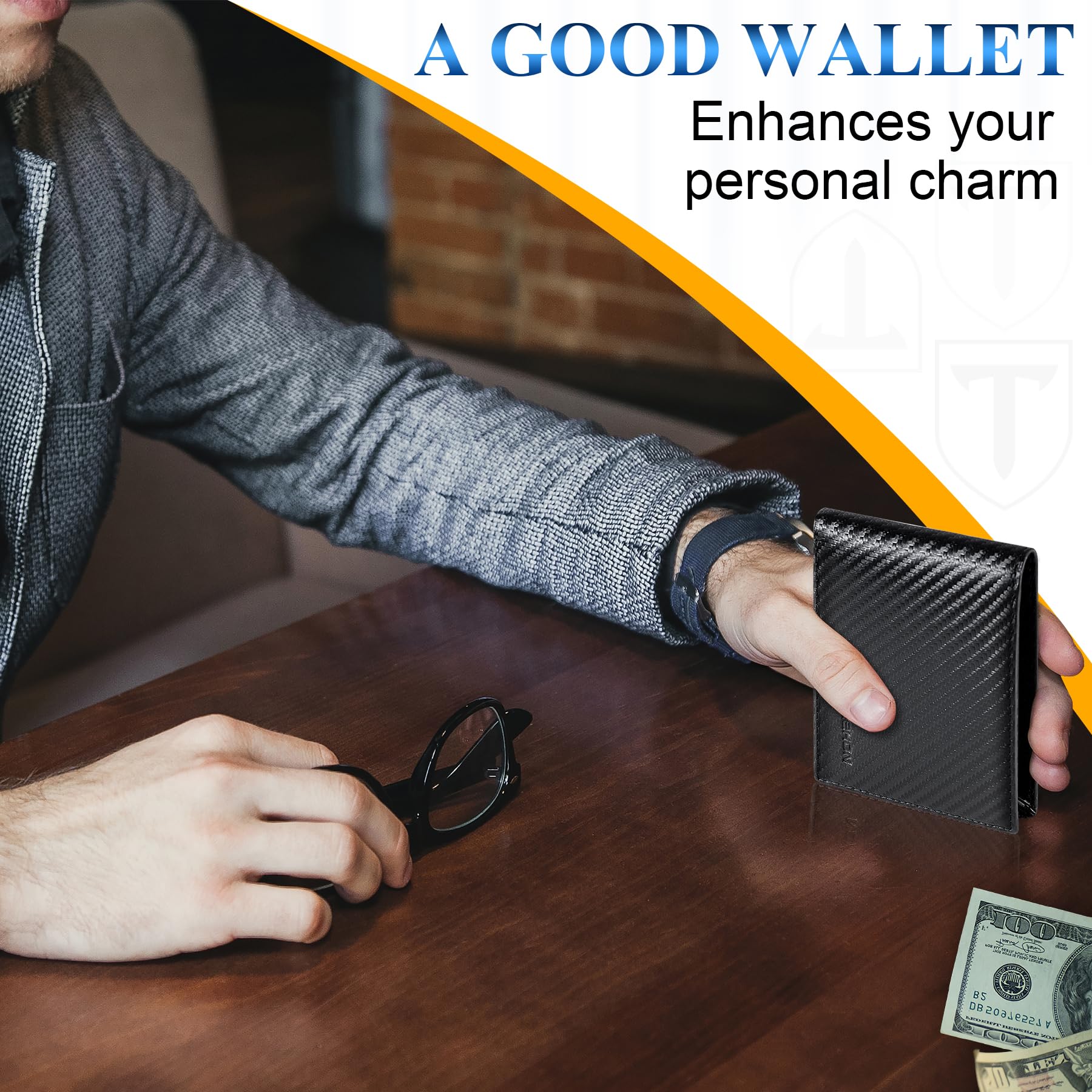 TEEHON Men's RFID Blocking Carbon Fiber Leather Wallet - Slim Bifold Wallet with 10 Card Slots, 2 ID Windows & Cash Compartments - Secure Travel & Everyday Use Wallet for Men (Black)