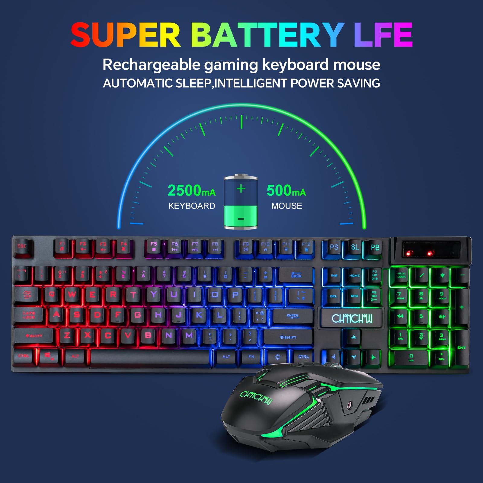 CHONCHOW Wireless Gaming Keyboard and Mouse Combo - RGB Backlit Ergonomic Mechanical Feel Keyboard with Rechargeable 2500mAh Battery, Anti-Ghosting Keys, 7D 3600DPI Gaming Mouse for PC, Laptop, PS4, Xbox - Ideal for Esports, Streaming, Office Work & Home Gaming - Perfect for FPS, MOBA Games and Late-Night Gaming Sessions - Great for Competitive Gaming, Work from Home Setup and Entertainment