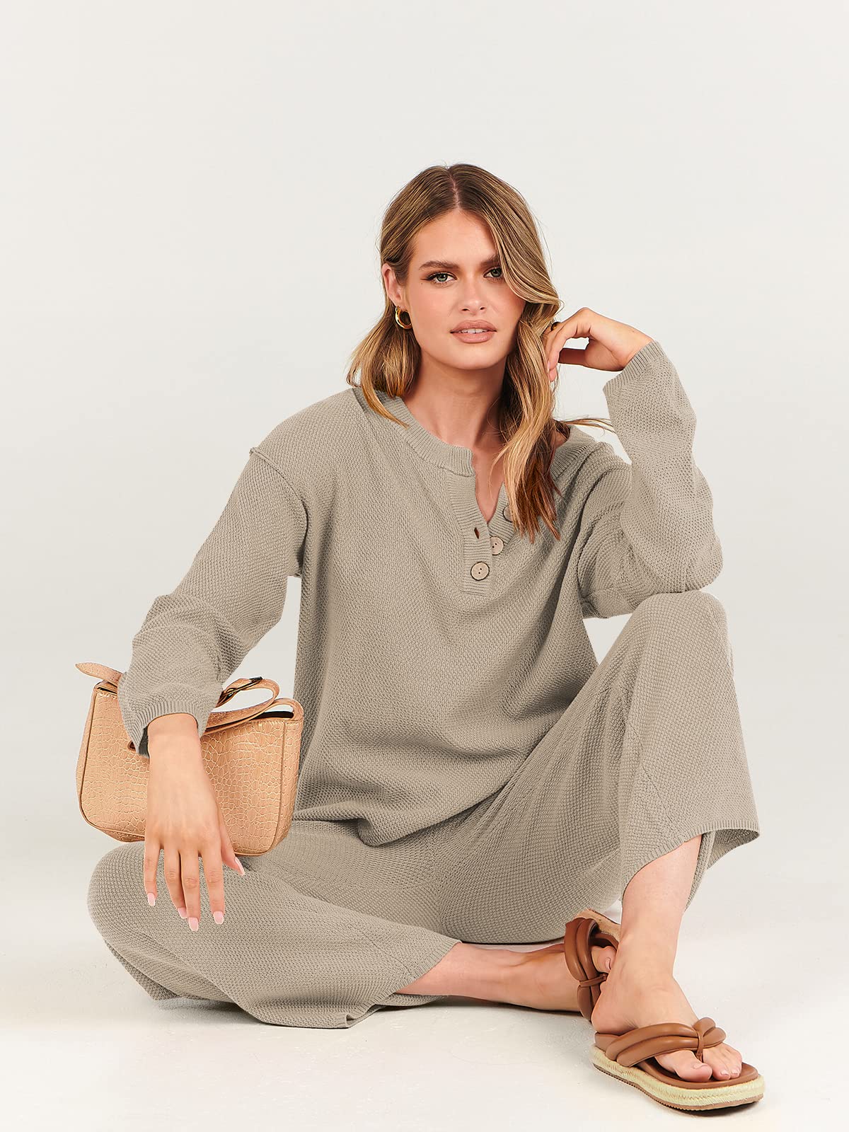 ANRABESS Women's 2-Piece Oversized Waffle Knit Sweater Set - Fall 2025 Trendy Matching Lounge Outfit | Cozy Loungewear for Home, Casual Wear & Street Style Fashion