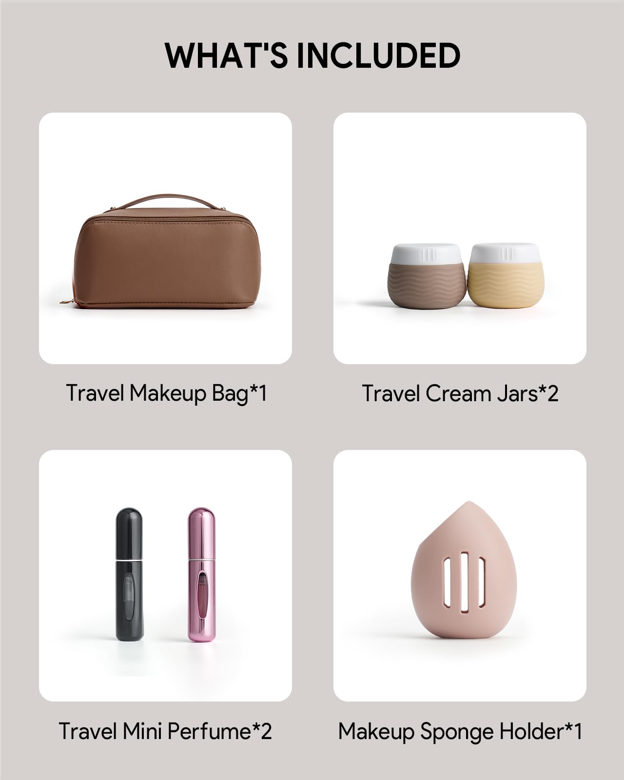 Travel Makeup Bag with Leak-Proof Toiletry Containers - Mini Cream Jars, Refillable Perfume Bottles & Sponge Holder | Perfect for Airplane Carry-On & Vacation Essentials