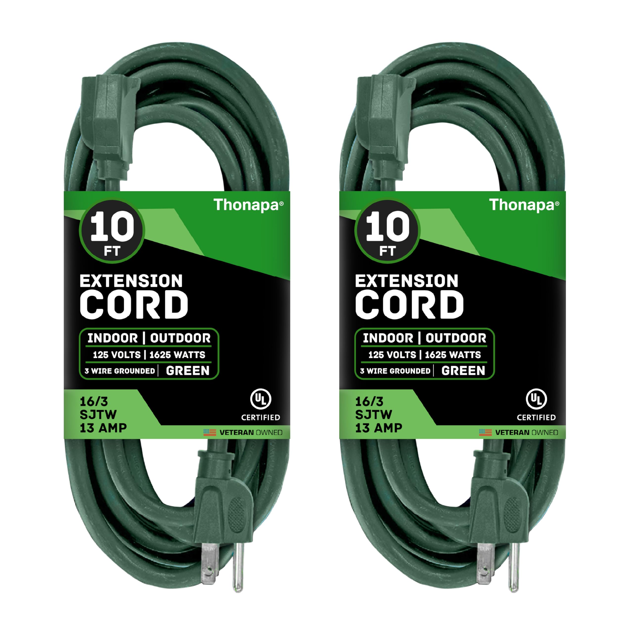 **Weatherproof 10 ft Green Outdoor Extension Cord (2 Pack) - 16/3 SJTW Water Resistant, 13 AMP, 3-Prong Heavy Duty Electric Cable for Patio, Garden, Christmas Lights & Landscaping - Perfect for Outdoor Power Tools, Holiday Decorations & Yard Work**