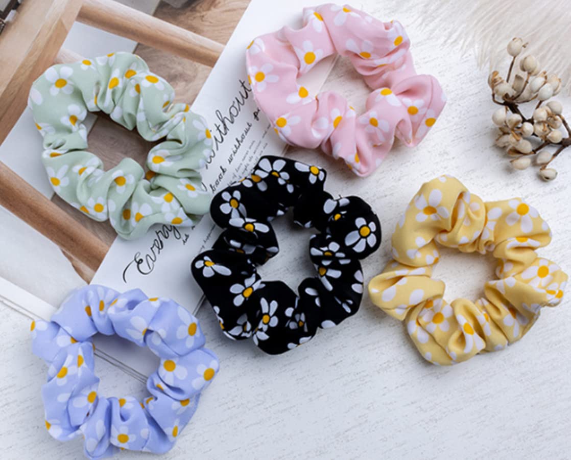 Daisy Scrunchies Hair Ties for Women & Girls - 5 Pack Satin Hair Bands with Daisy Flowers for Thick Hair - Soft Elastic Hair Accessories for Ponytails, Buns & Everyday Styling