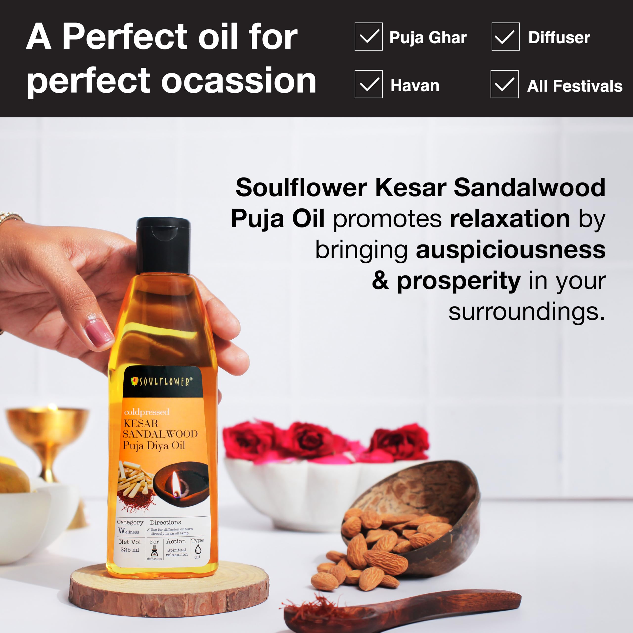 Soulflower Kesar Sandalwood Puja Oil - 100% Pure & Natural Ayurvedic Massage Oil for Meditation, Yoga & Spiritual Rituals | Relaxing Aromatherapy for Stress Relief & Skin Care
