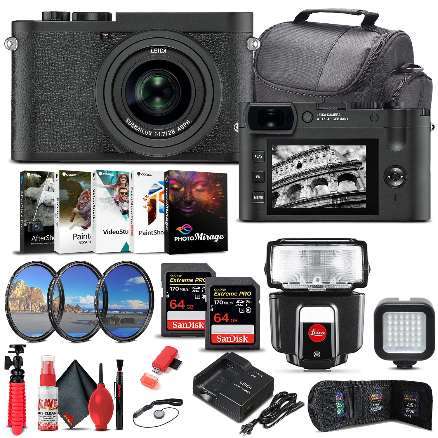 Leica Q2 Monochrom Full Frame Digital Camera (19055) with SF40 Flash, 64GB Memory Cards, Corel Photo Software, Accessories Kit – Perfect for Street Photography, Travel & Professional Use