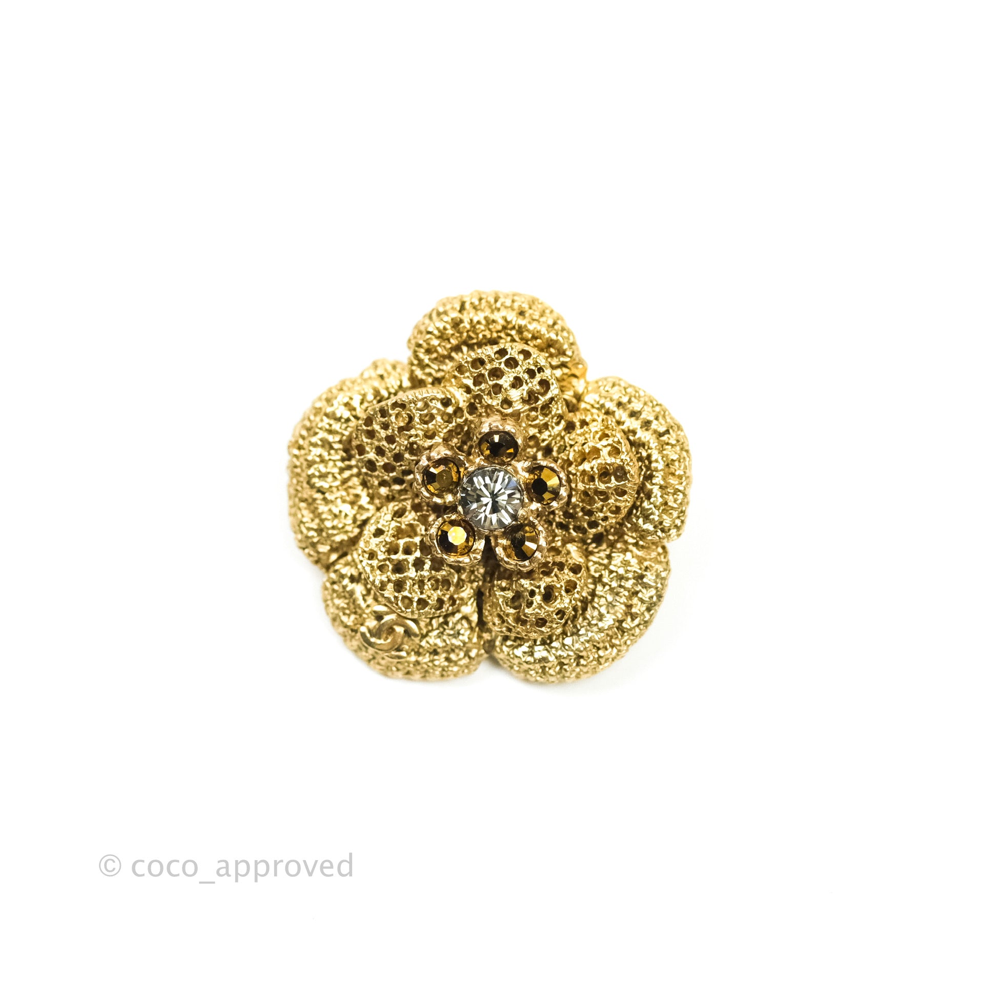 Chanel Camellia CC Rhinestone Pin Brooch - Gold Tone Fashion Accessory for Women, Perfect for Jackets, Bags & Special Occasions