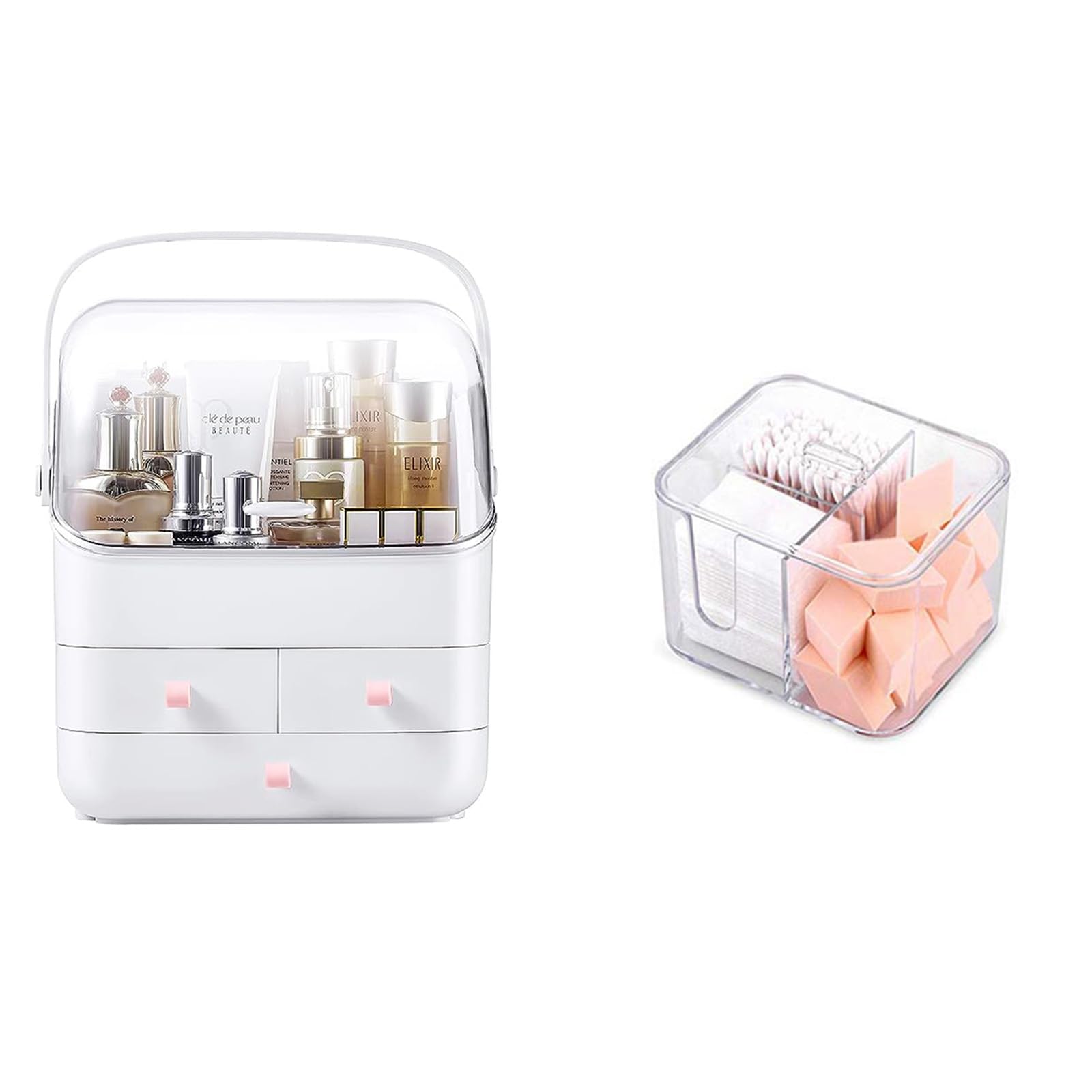 SUNFICON Acrylic Makeup Organizer with Cotton Pads Holder - 3-Tier Cosmetic Storage Box for Lipstick, Brushes & Skincare | Perfect for Vanity, Bathroom & Travel Organization