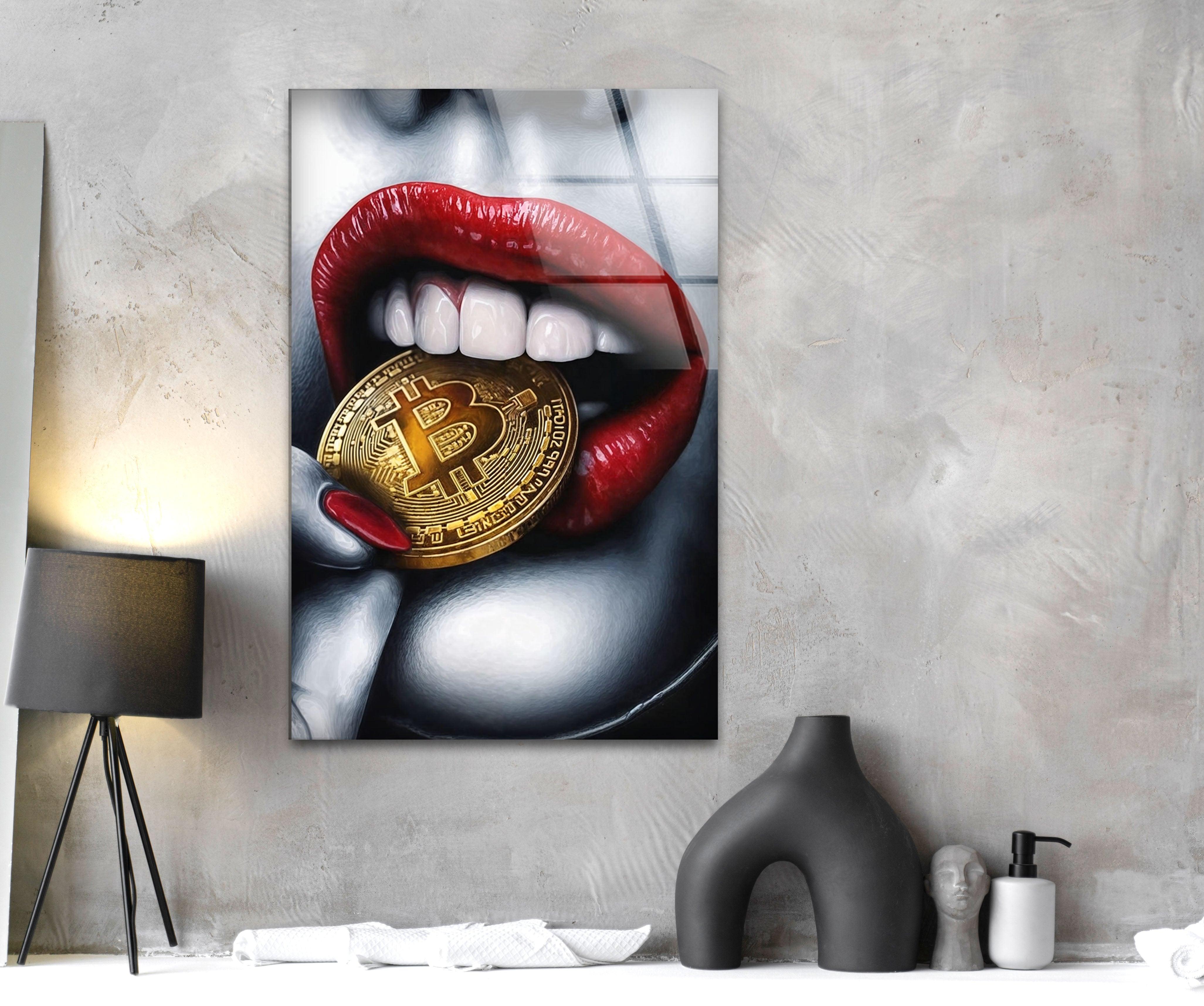 Bitcoin & Red Lips Glass Wall Art - Modern Crypto Themed Home Decor for Living Room, Bedroom or Office - Unique Gift Idea for Bitcoin Enthusiasts