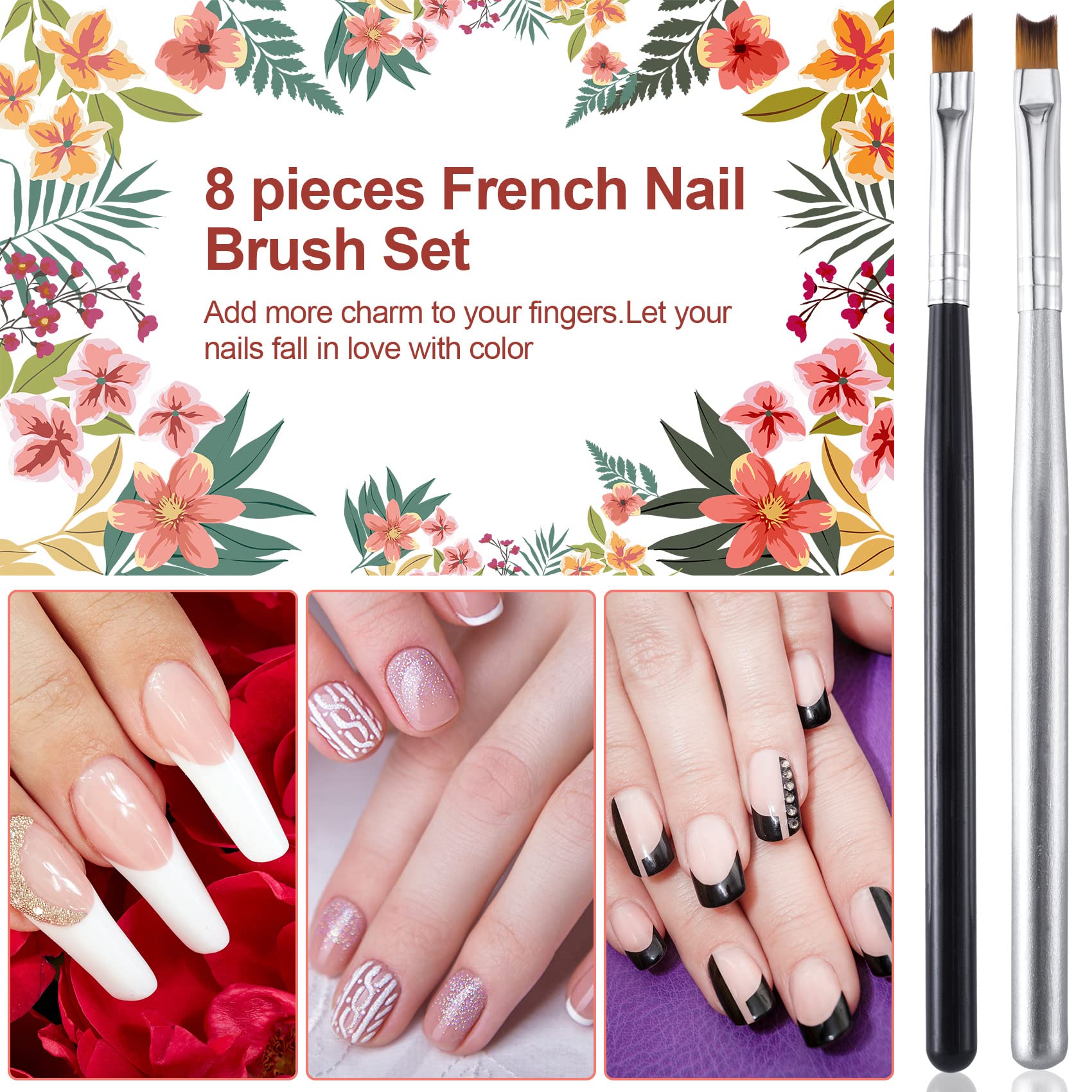 8pcs French Tip Nail Brushes Set - Professional Oblique Head & Half Moon Shape Nail Art Brushes for Manicure, Nail Drawing Pen, French Tip Design (Black & Silver, 2 Styles) - Perfect for Salon, Home DIY Nail Art & Gel Polish Application