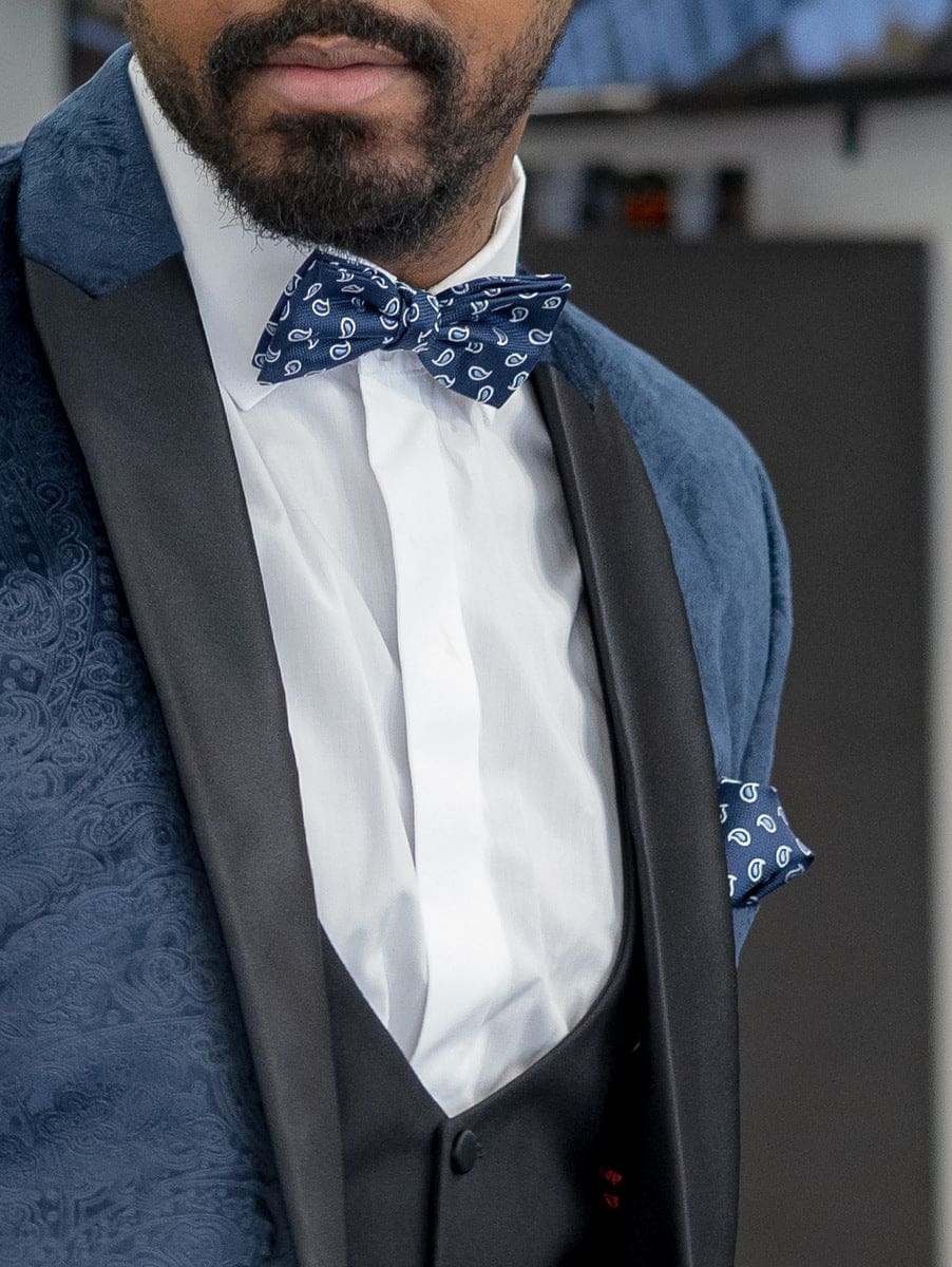 LA Smith Blue Silk Paisley Bow Tie & Pocket Square Set - Elegant Formal Wear for Weddings, Prom & Special Occasions