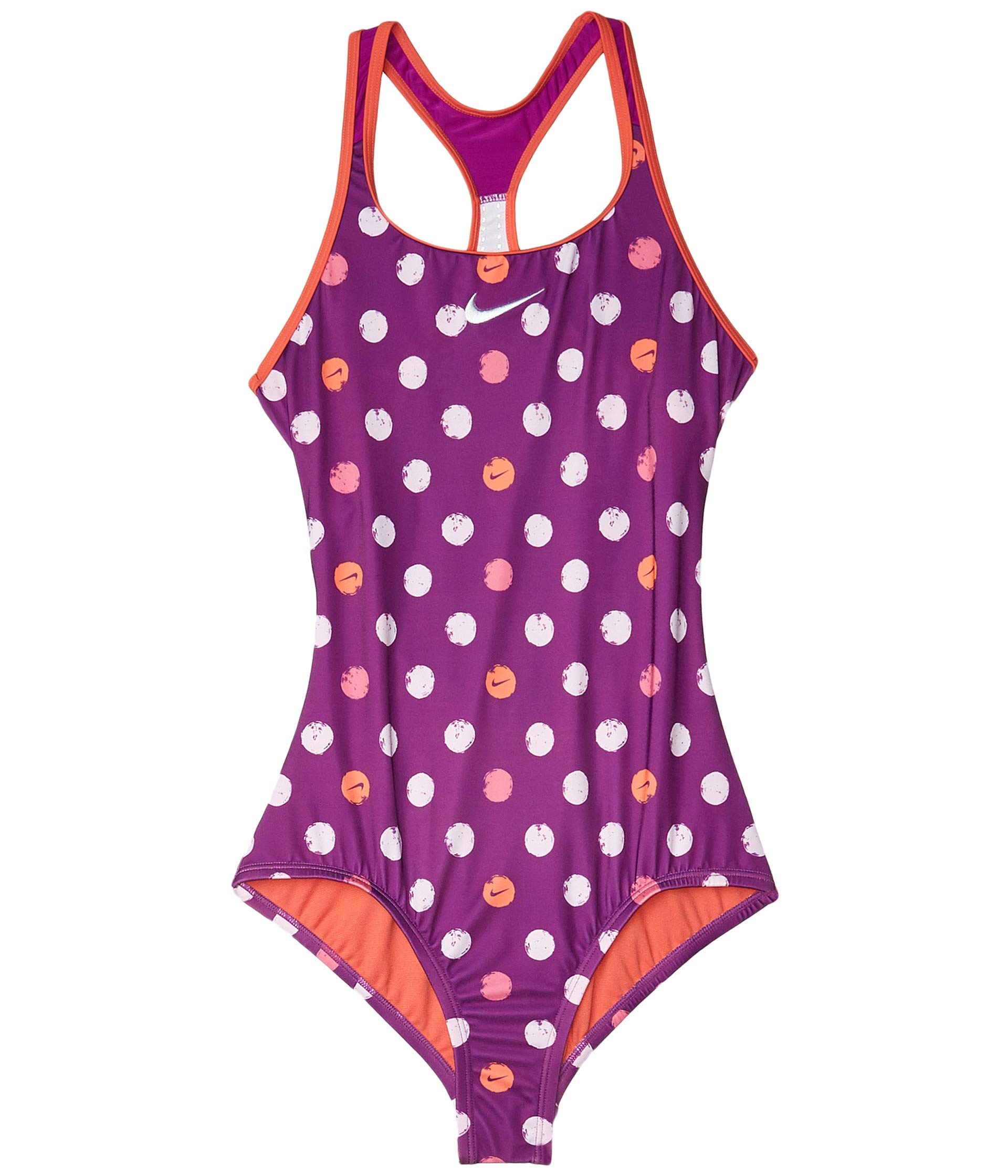 Nike Girl's Swoosh Dots Racerback One-Piece Swimsuit - Vivid Purple - Size 14 Big Kid - Comfortable & Stylish for Swimming, Beach & Summer Activities