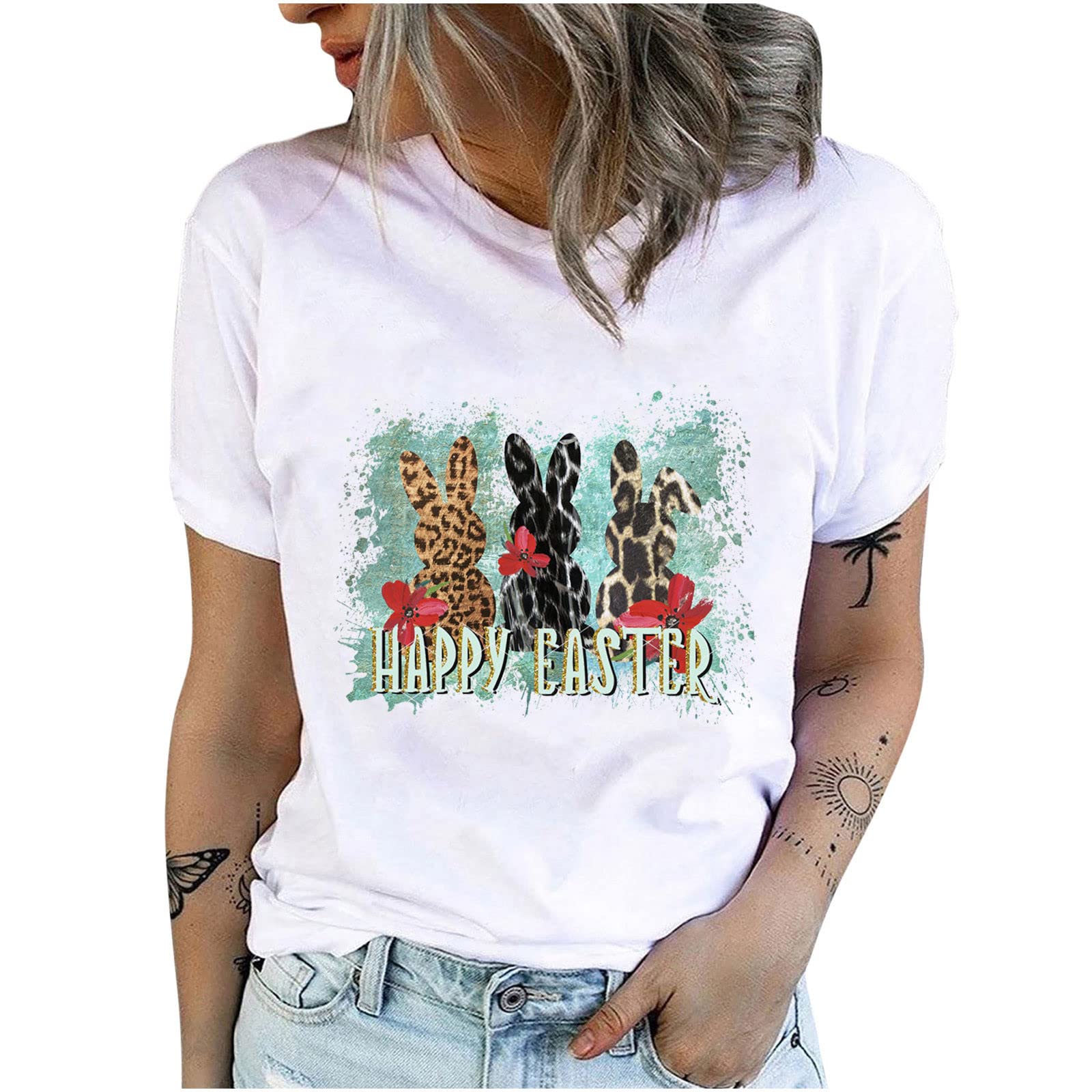 Women's Oversized T-Shirts - Soft Cotton Crewneck Short Sleeve Tees with Cute Easter Bunny Print - Casual Loose Fit Blouse Tops for Women - Perfect for Spring Outfits, Easter Celebrations & Everyday Comfort