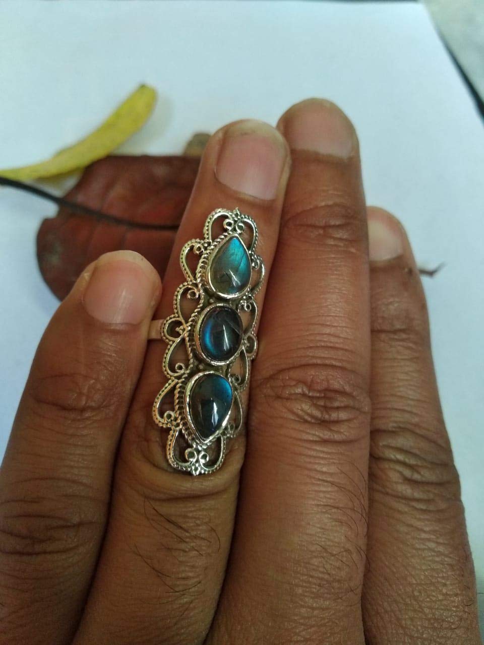 Labradorite Sterling Silver Ring - 925 Silver Three Stone Dainty Boho Ring with Blue Fire Gemstone | Unique Artisan Natural Stone Jewelry for Women | Perfect for Everyday Wear, Gift Giving & Special Occasions