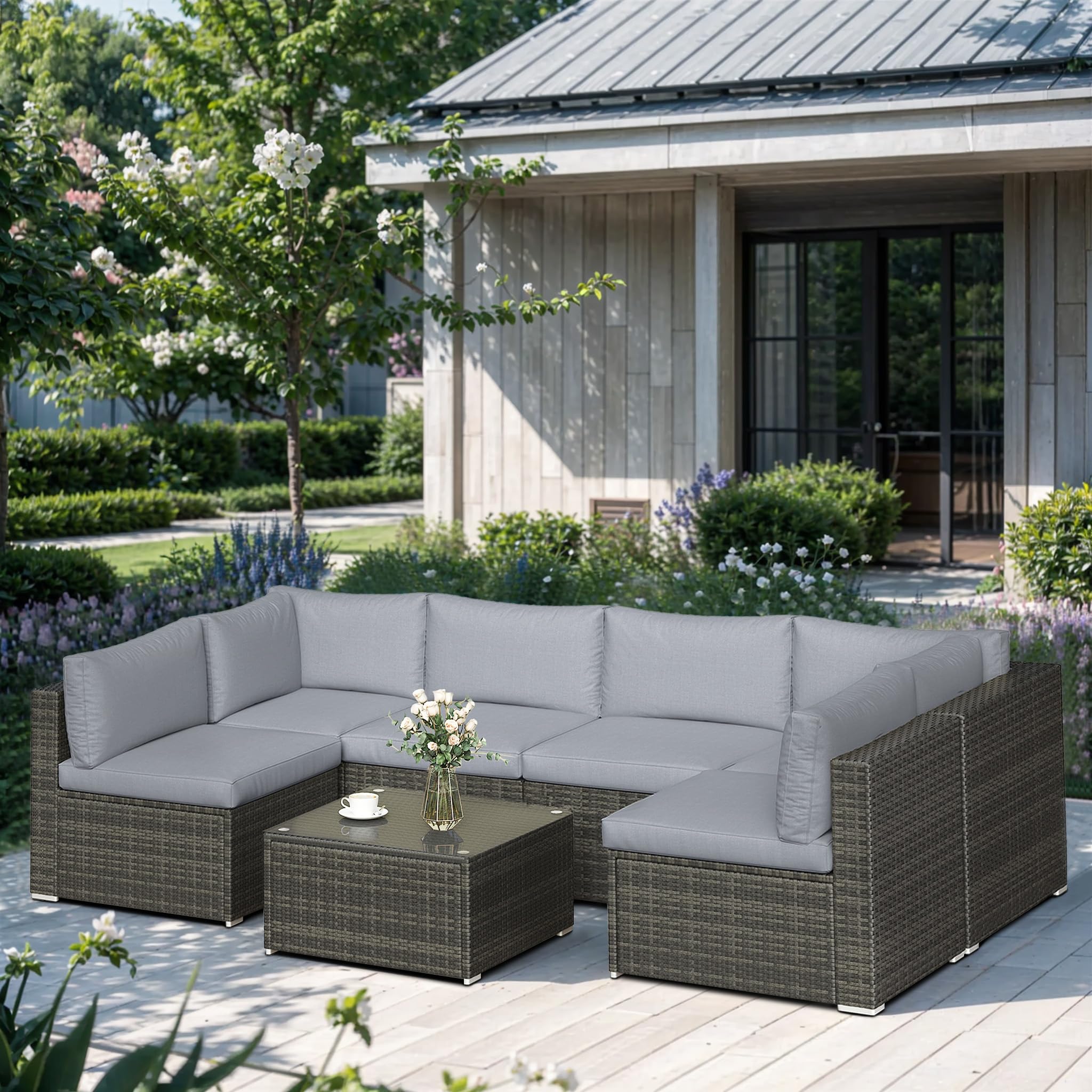 SUNVIVI 7-Piece Outdoor Patio Furniture Set - All-Weather PE Wicker Sofa Couch with Tempered Glass Table & Removable Gray Cushions - Perfect for Backyard, Garden, Poolside and Terrace Relaxation