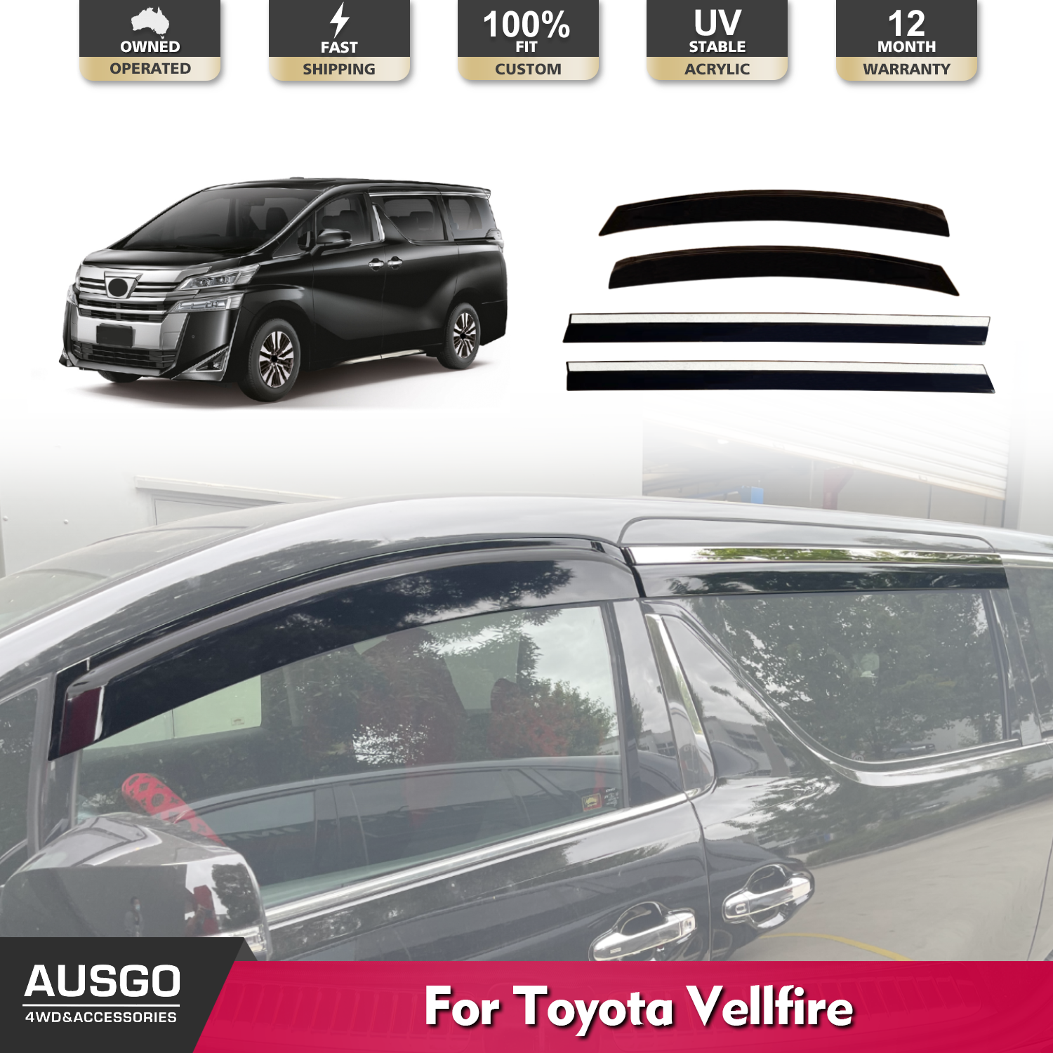 Stainless Steel Window Visors & Rain Guards for Toyota Vellfire 2015-2024 - Perfect for All-Weather Protection & Style Enhancement