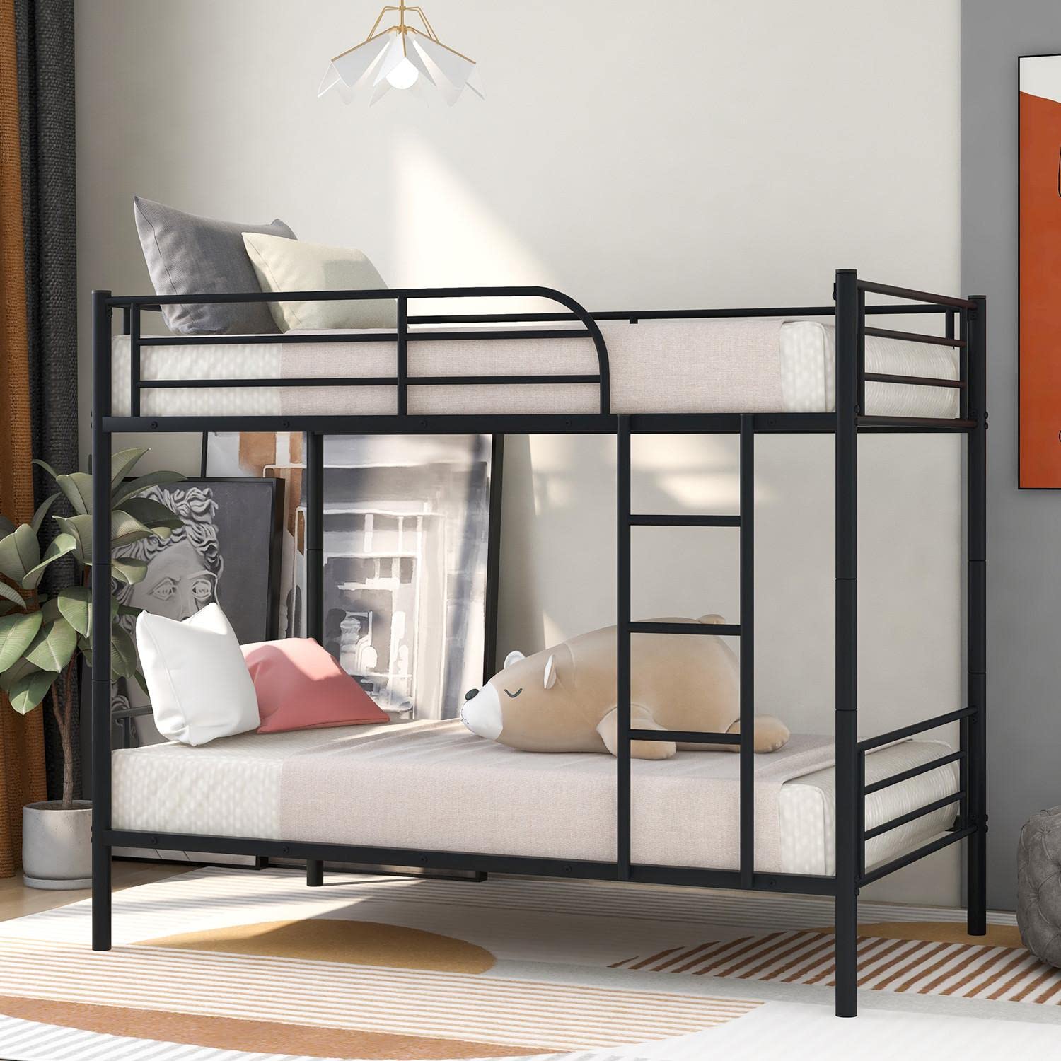 **Detachable Twin Over Twin Bunk Bed - Heavy Duty Metal Bunk Bed with Ladder & Guardrails for Kids, Teens, Small Spaces - Converts to 2 Twin Beds - No Box Spring Needed - Black - Perfect for Shared Bedrooms, Dorms, and Space-Saving Kids' Rooms**