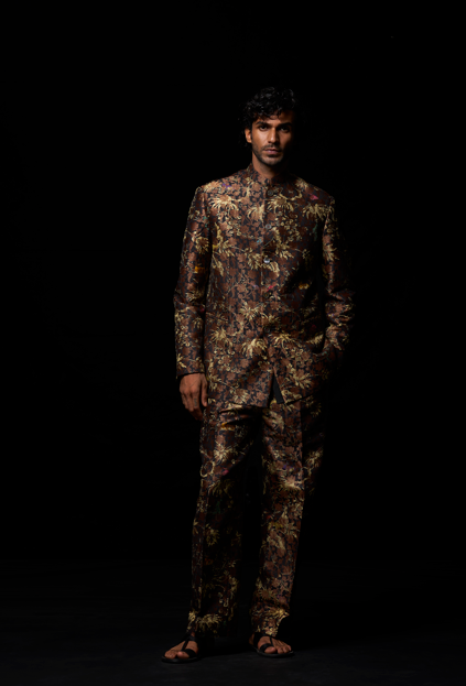 Elegant Black Bandhgala Silk Brocade Jacket for Men | Traditional Indian Wedding Attire | Perfect for Festivals, Parties & Formal Occasions