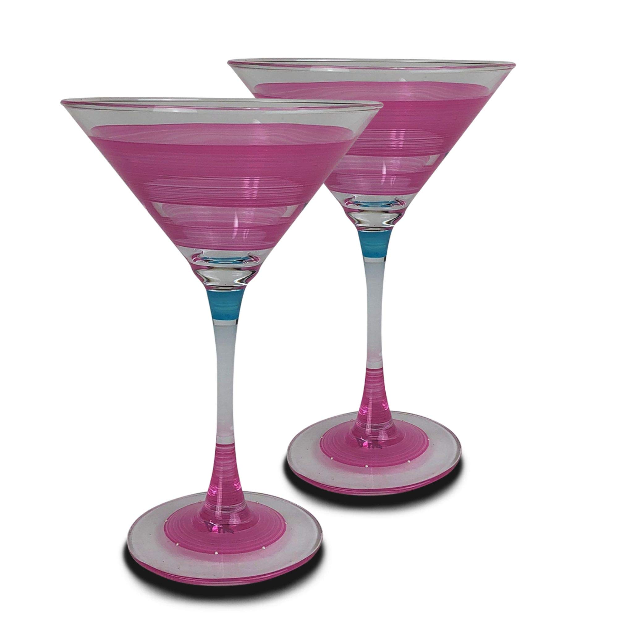 Vintage Pink Striped Hand-Painted Martini Glasses Set of 2 - 7.5 oz Cocktail Cups for Home Bar, Dinner Parties & Retro-Themed Events