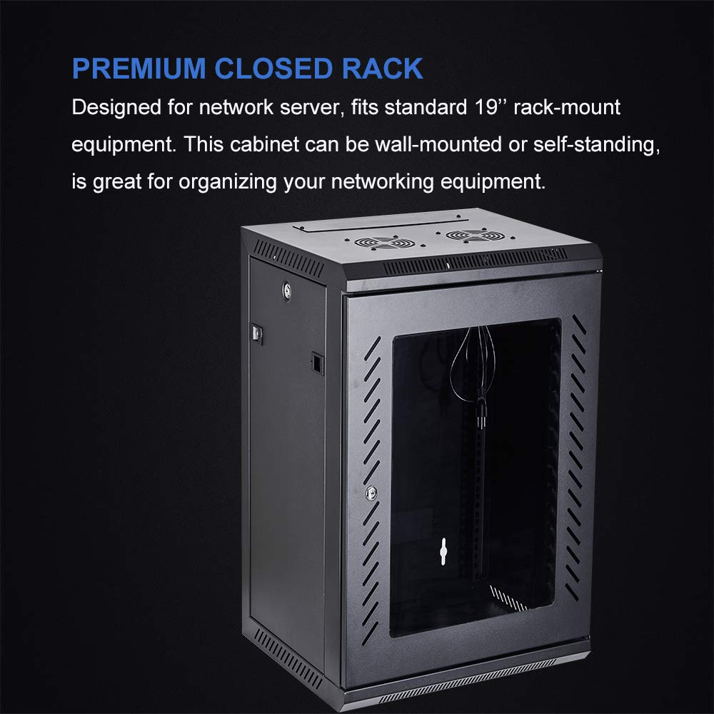Kenuco 15U Wall Mount Server Rack Cabinet - 19 Inch Network Equipment Enclosure with Locking Glass Door (16 Inch Depth) - Perfect for Data Centers, Server Rooms & Office Network Installations