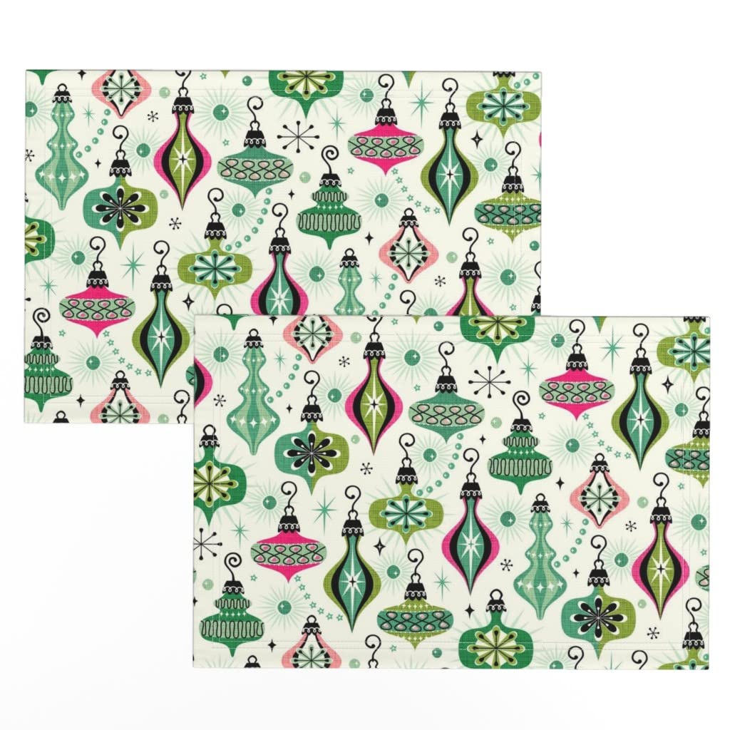 Vintage Christmas Ornaments Snowflakes Retro Holiday Lights Placemats Set of 2 - Linen Cotton Canvas Table Decor for Holiday Dining, Christmas Party, and Festive Home Decor