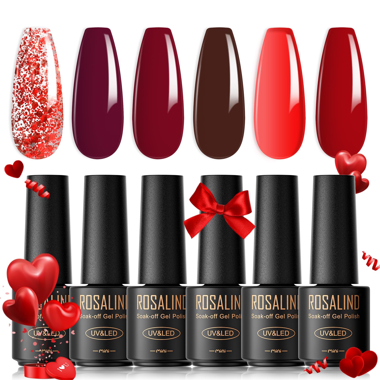 ROSALIND 6PCS Red Gel Nail Polish Set - Glitter Soak Off UV Gel Polish for Nail Art, Manicure & Pedicure | Perfect for Women's Day Gifts, Summer Nails & Professional Salon Use
