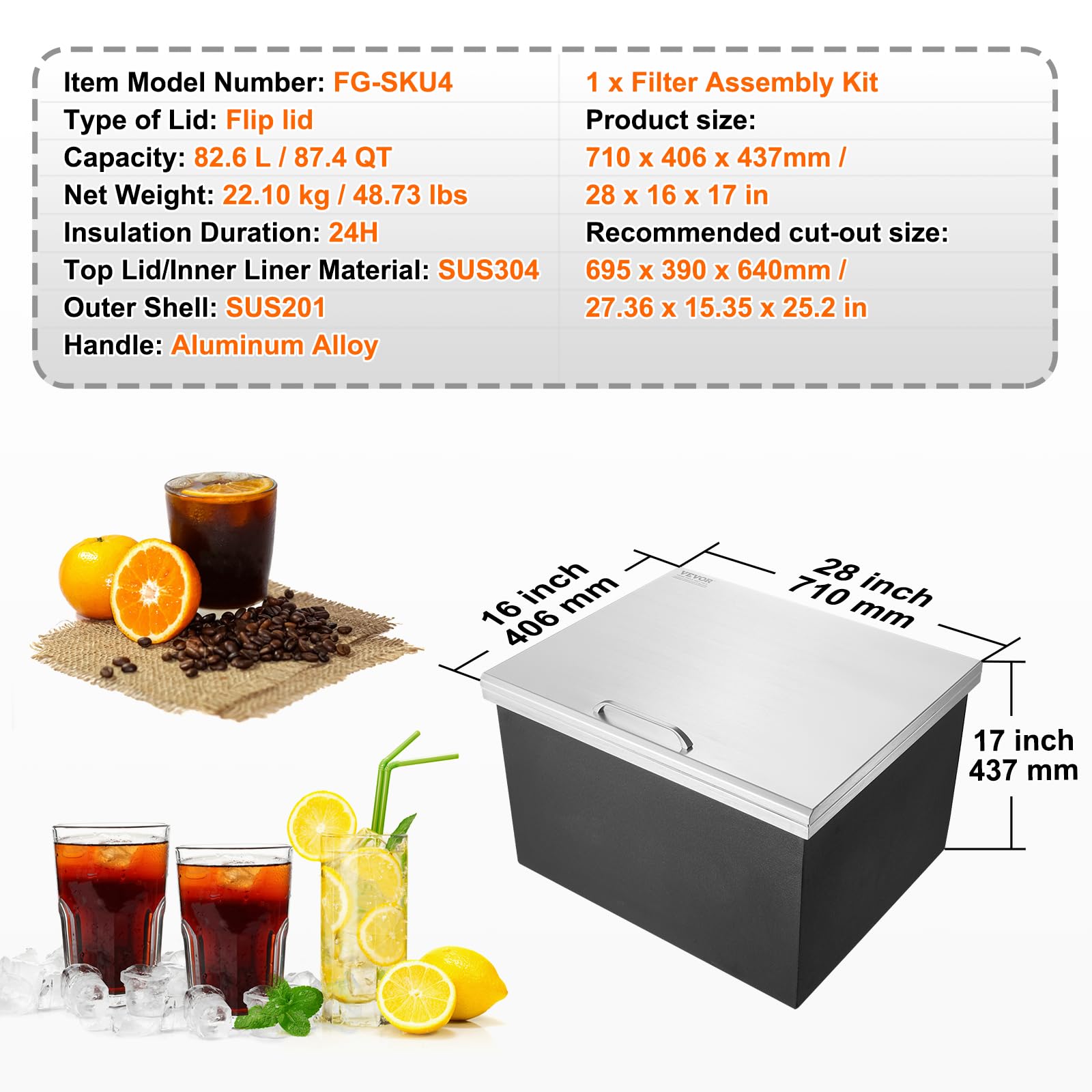 VEVOR 40 qt Stainless Steel Drop-In Ice Chest Cooler - 28