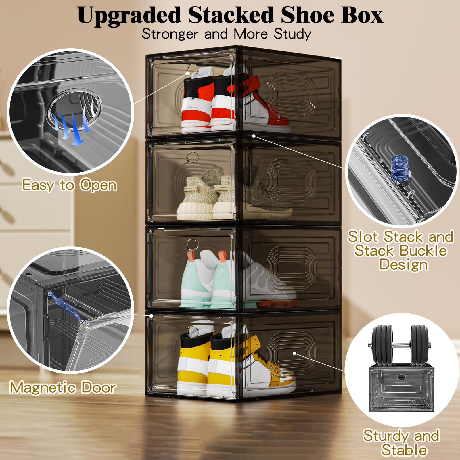 8 Pack Clear Stackable Shoe Storage Boxes with Magnetic Door - Thick Plastic Organizer for Shoes, Boots & Sneakers | Perfect for Closet Organization & Wall Display (Black)