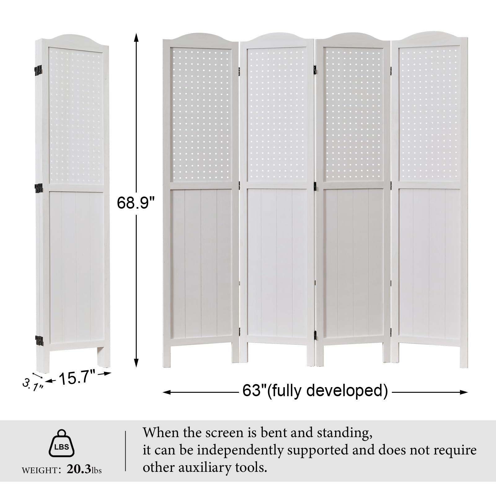 4 Panel Wooden Pegboard Display - 5.75Ft Freestanding Room Divider & Privacy Screen for Craft Fairs, Exhibitions, Trade Shows - White Folding Partition for Booth Decoration & Retail Display - Perfect for Craft Rooms, Home Offices, and Event Spaces