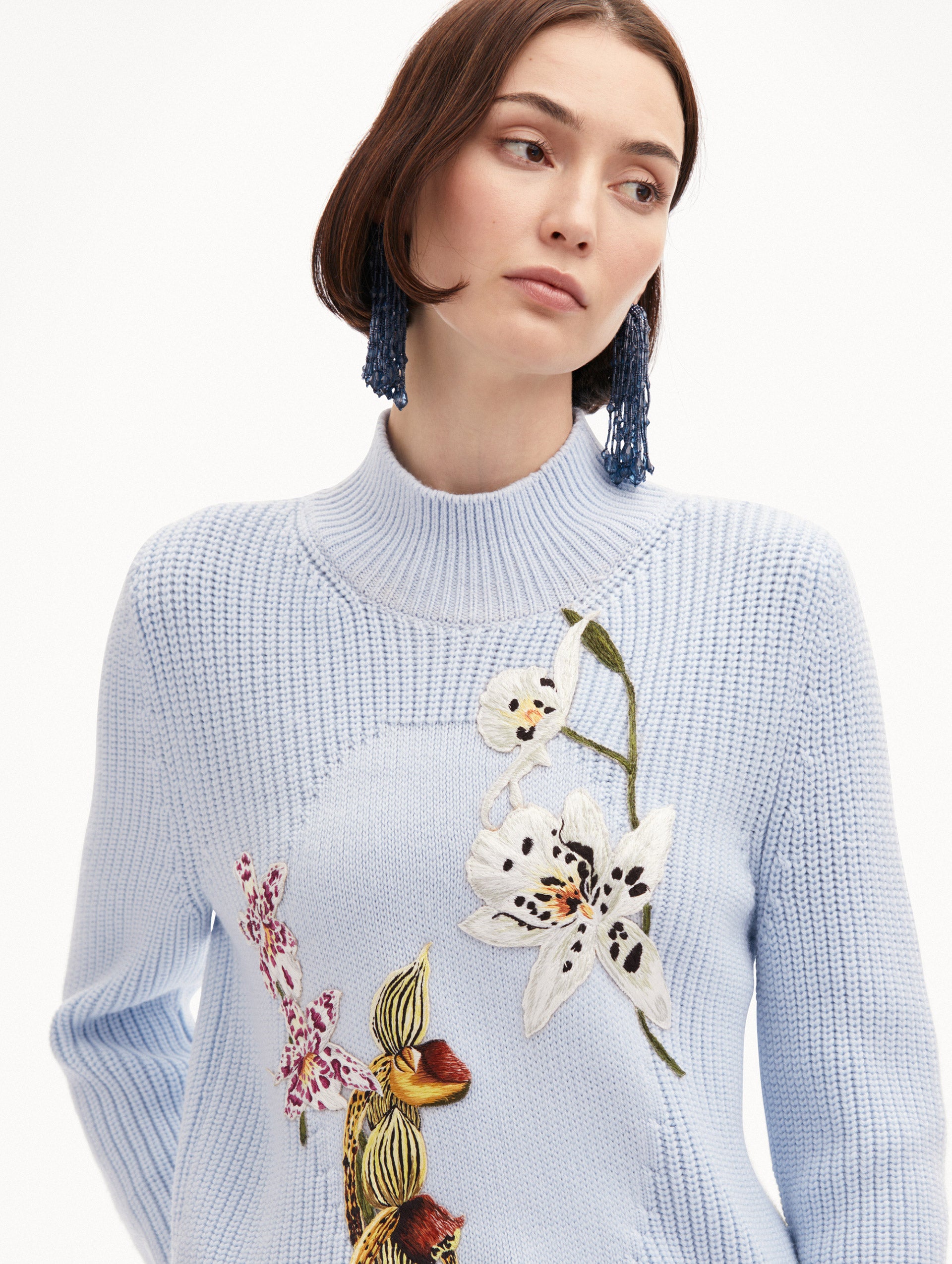 Orchid Embroidered Portrait Pullover Sweater - Elegant Floral Embroidered Women's Casual Knit Top for Fall & Winter | Perfect for Office Wear, Date Nights & Special Occasions