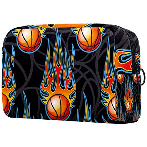 Fire Orange Sports Basketball Printed Portable Makeup Bag for Women - Travel Cosmetic Pouch, Toiletry Organizer | Gym, Sports Events & Travel Essentials
