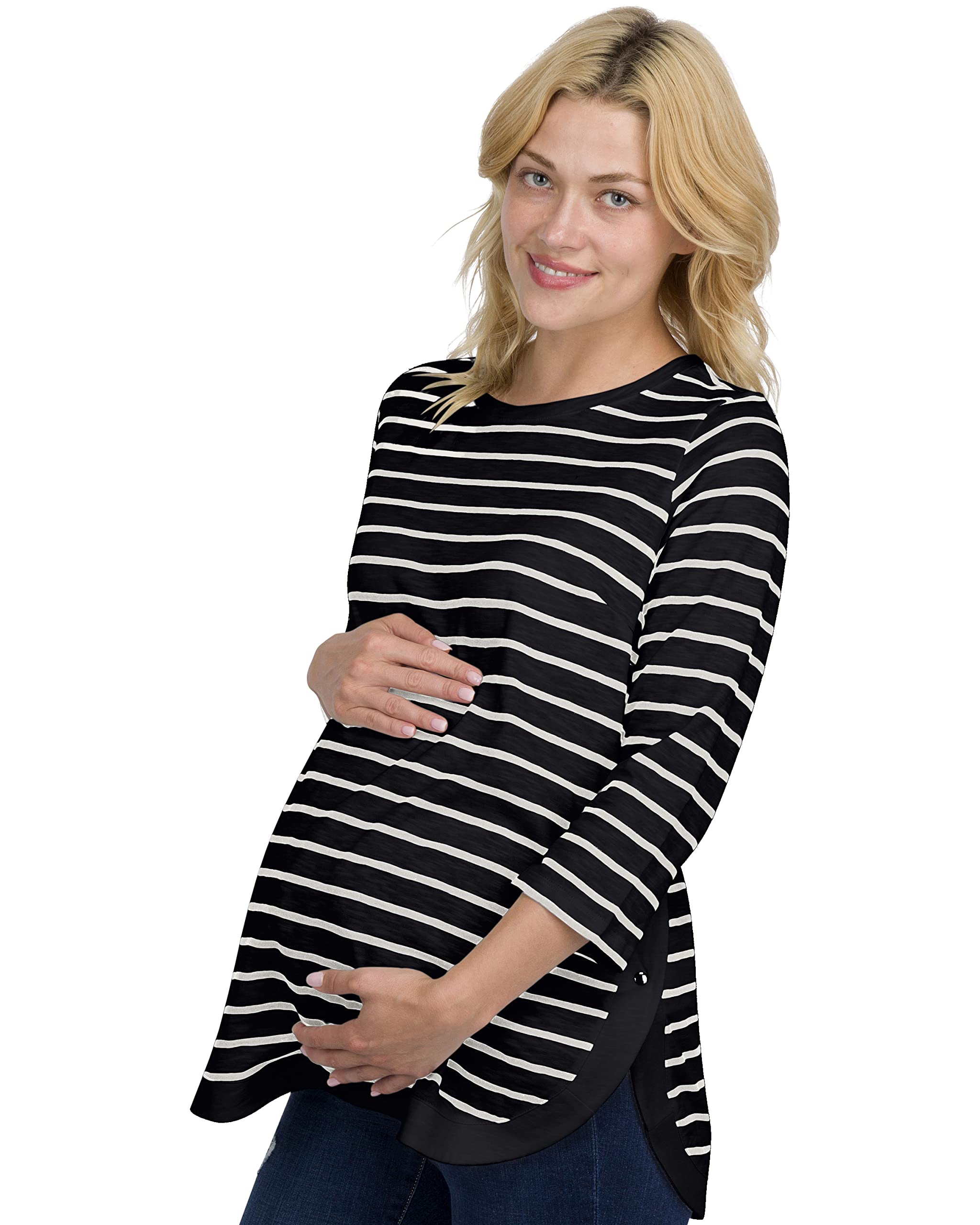Striped Side-Button Maternity Nursing Top - Lightweight Long Sleeve Shirt for Pregnancy & Breastfeeding - Office Work Blouse for Professional Moms | Perfect for Business Attire & Nursing Comfort