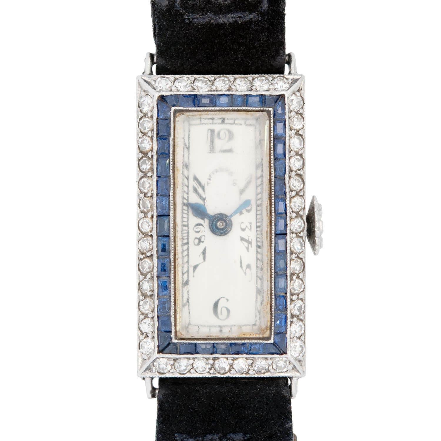 Tiffany & Co. Art Deco Platinum Sapphire and Diamond Luxury Watch for Women - Vintage Style Timepiece for Formal Events, Evening Galas & Special Occasions