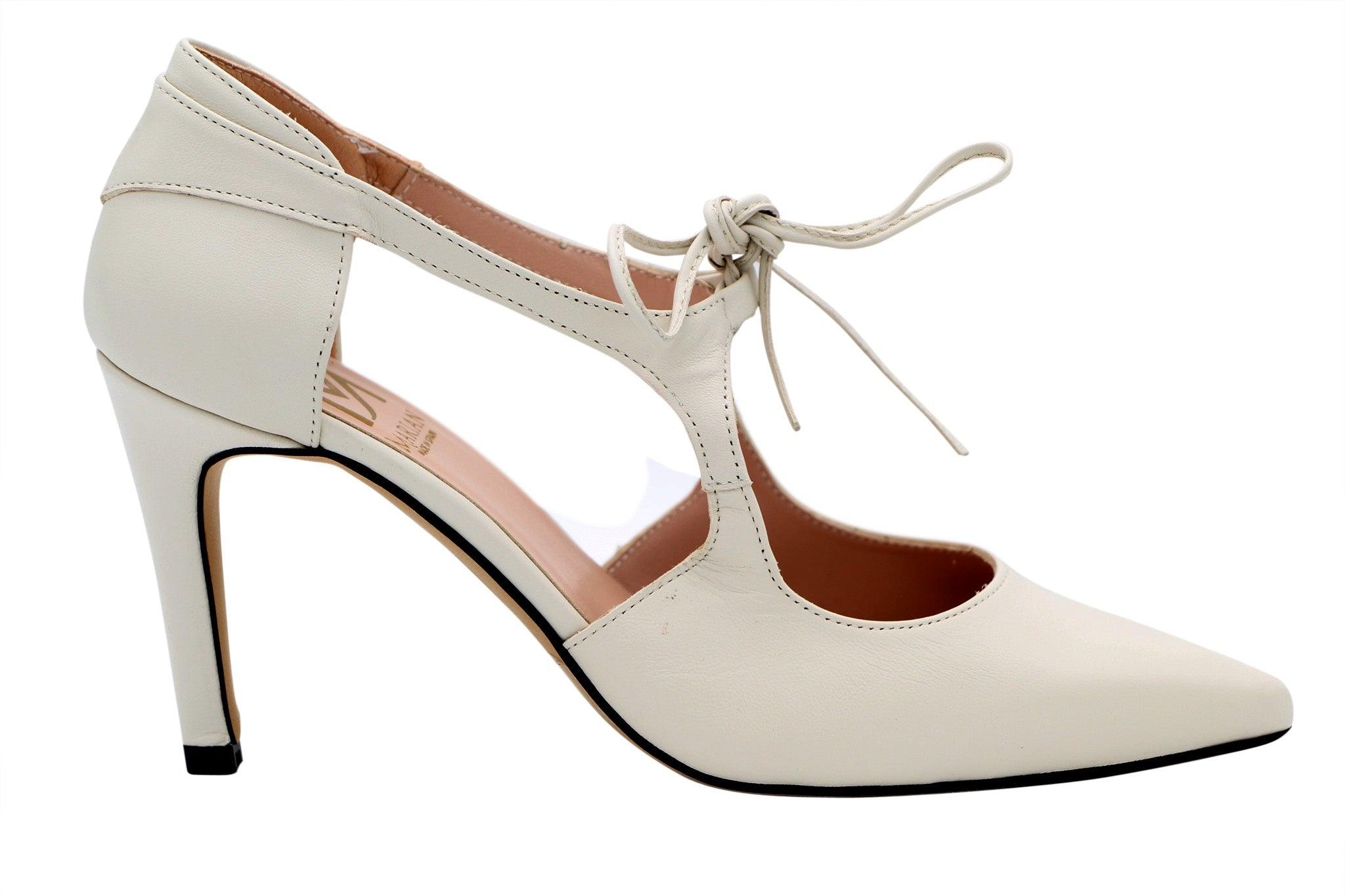 MARIAN Women's Off-White Genuine Leather Pointed Toe Pumps with Ankle Tie - Elegant Dress Shoes for Work, Party & Special Occasions