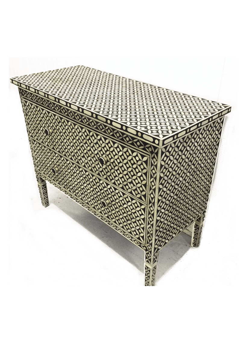 Handmade Bone Inlay Geometric Two Drawer Dresser - Black Wooden Storage Unit for Bedroom, Living Room & Office Organization