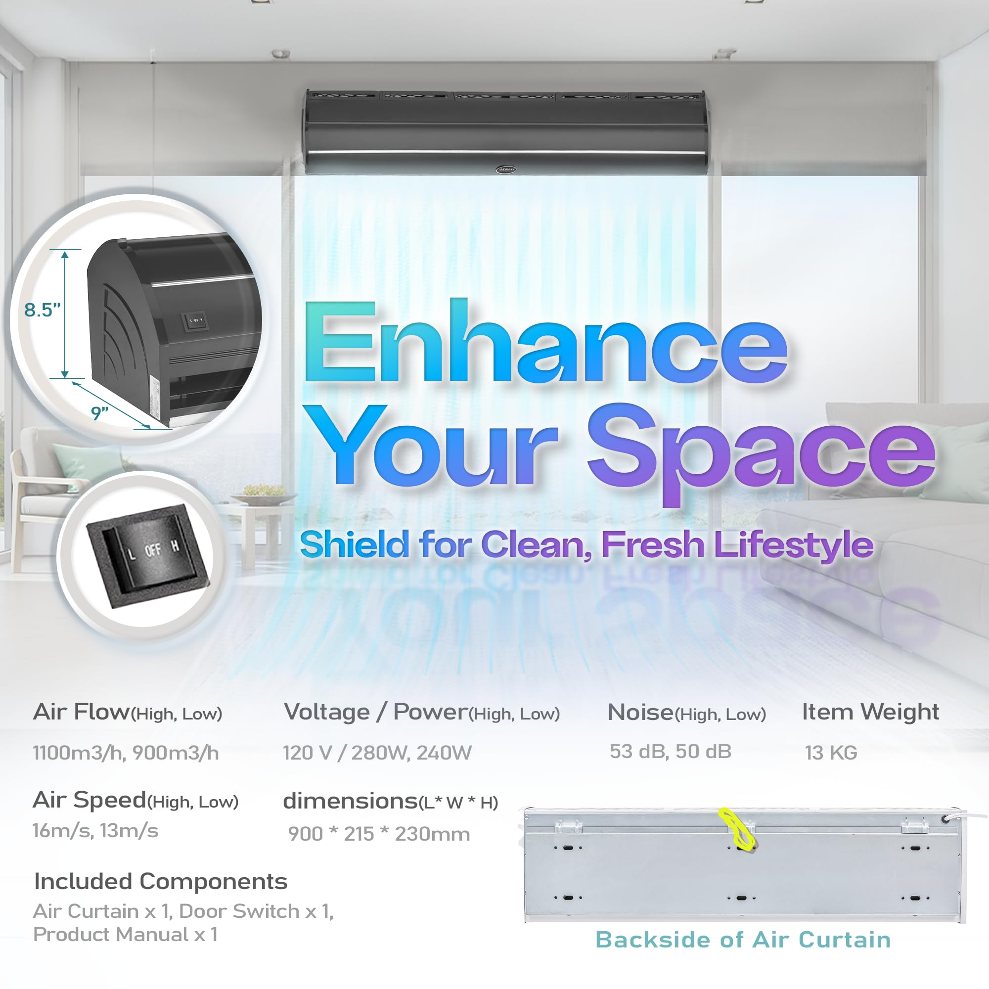 Aerial Titan-2 DuraSteel 36-Inch Wall Mounted Commercial Air Curtain Fan - Heavy Duty UL Certified Dark Indoor Over Door Fan with Magnetic Switch - Ideal for Restaurants, Warehouses & Retail Stores
