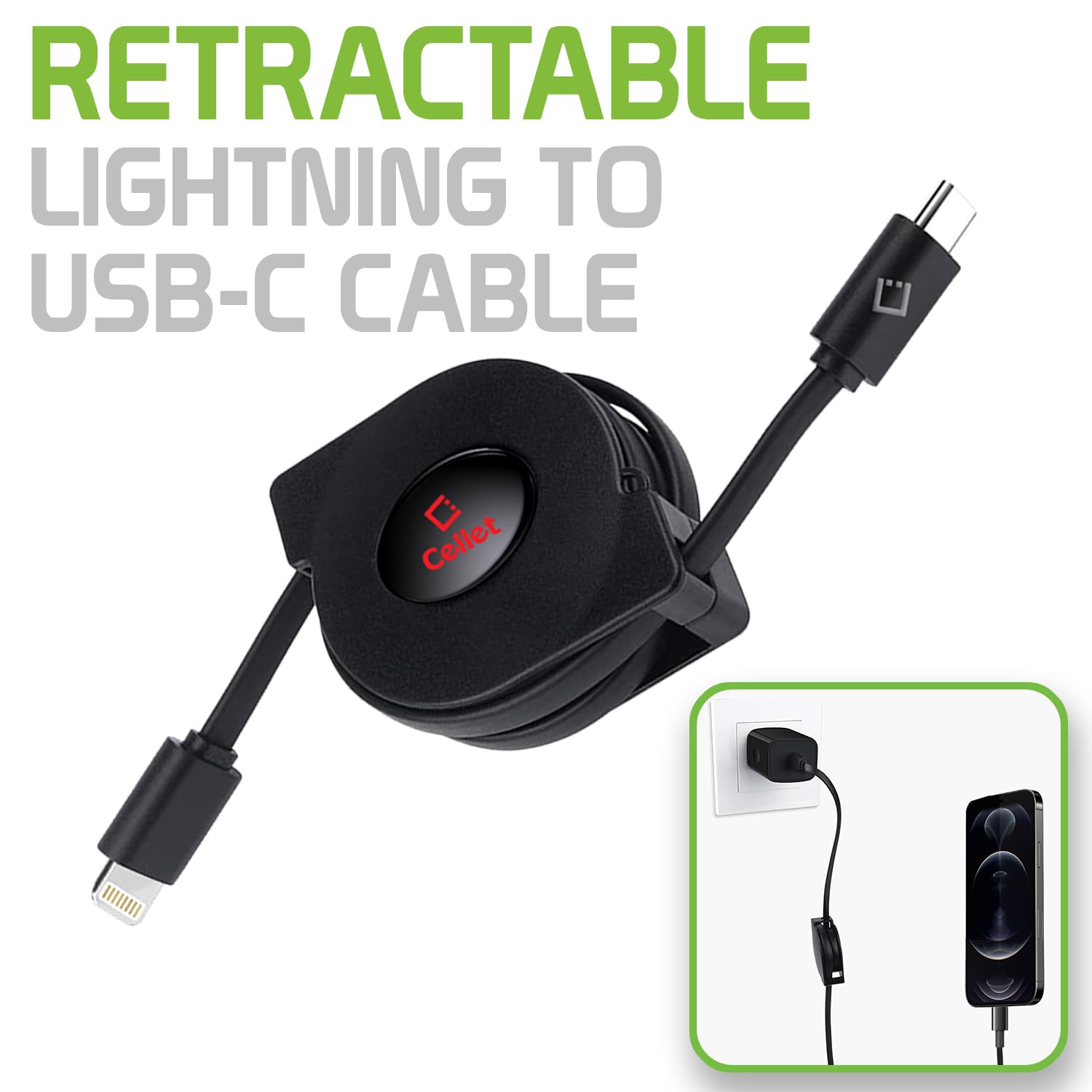 Retractable iPhone Charger Cable - MFi Certified Lightning to USB-C Fast Charging Cord for iPhone 14 Pro/Pro Max/Plus, 13/12/11, iPad Pro/Air/Mini - Perfect for Home, Office & Travel Charging