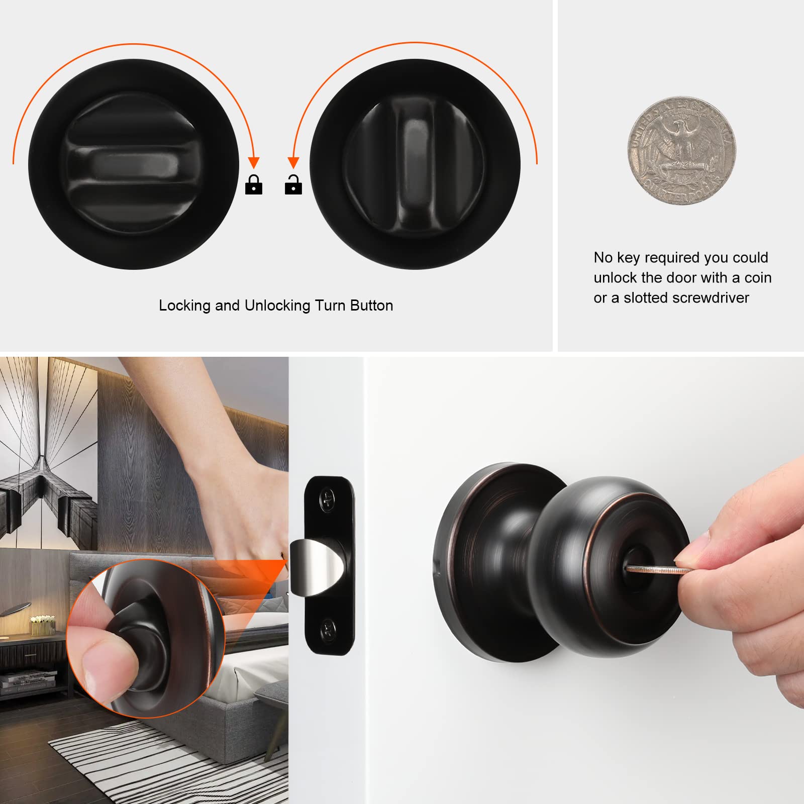 Oil Rubbed Bronze Door Knobs (6-Pack) - Stainless Steel Privacy Door Knob Set for Interior Doors - Perfect for Bathroom, Bedroom & Home Security - Durable & Stylish Hardware for Modern Homes